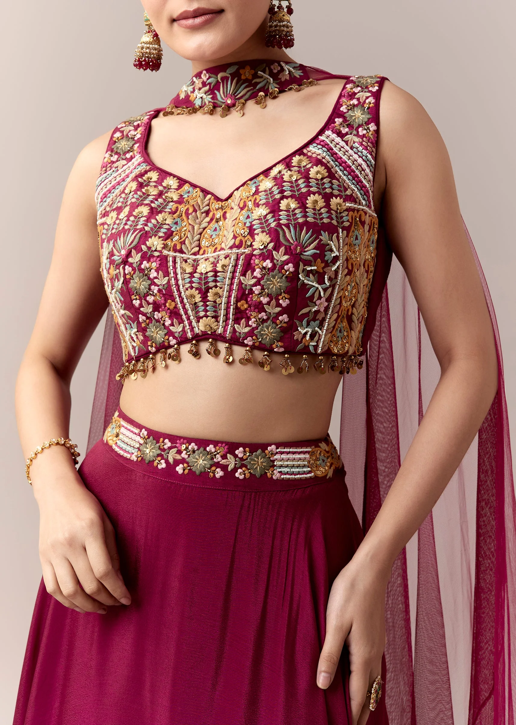 Wine Bridesmaid Lehenga With Thread Work Moti Work And Dupatta - Image 2