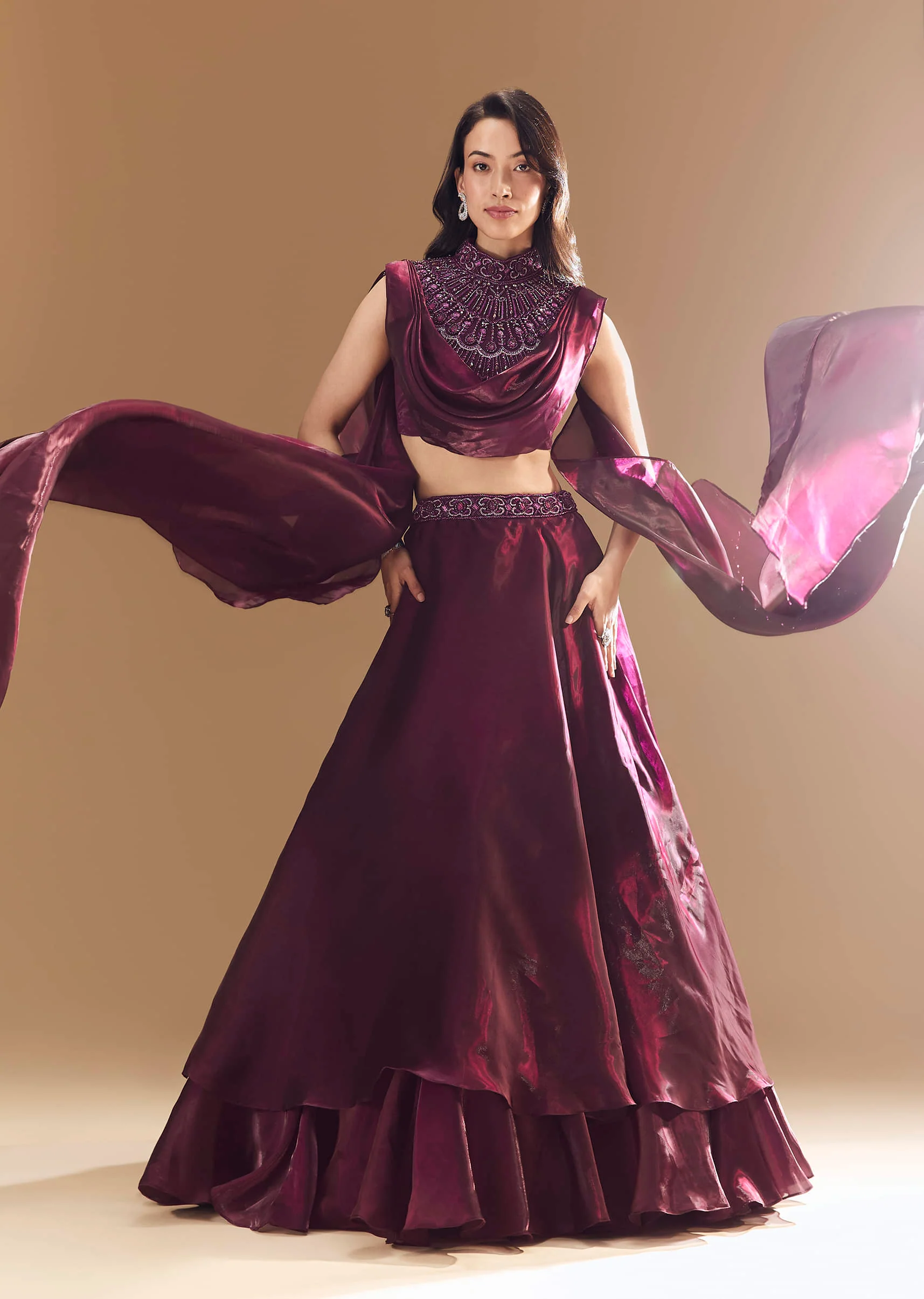 Wine Bridesmaid Organza Lehega with Cape