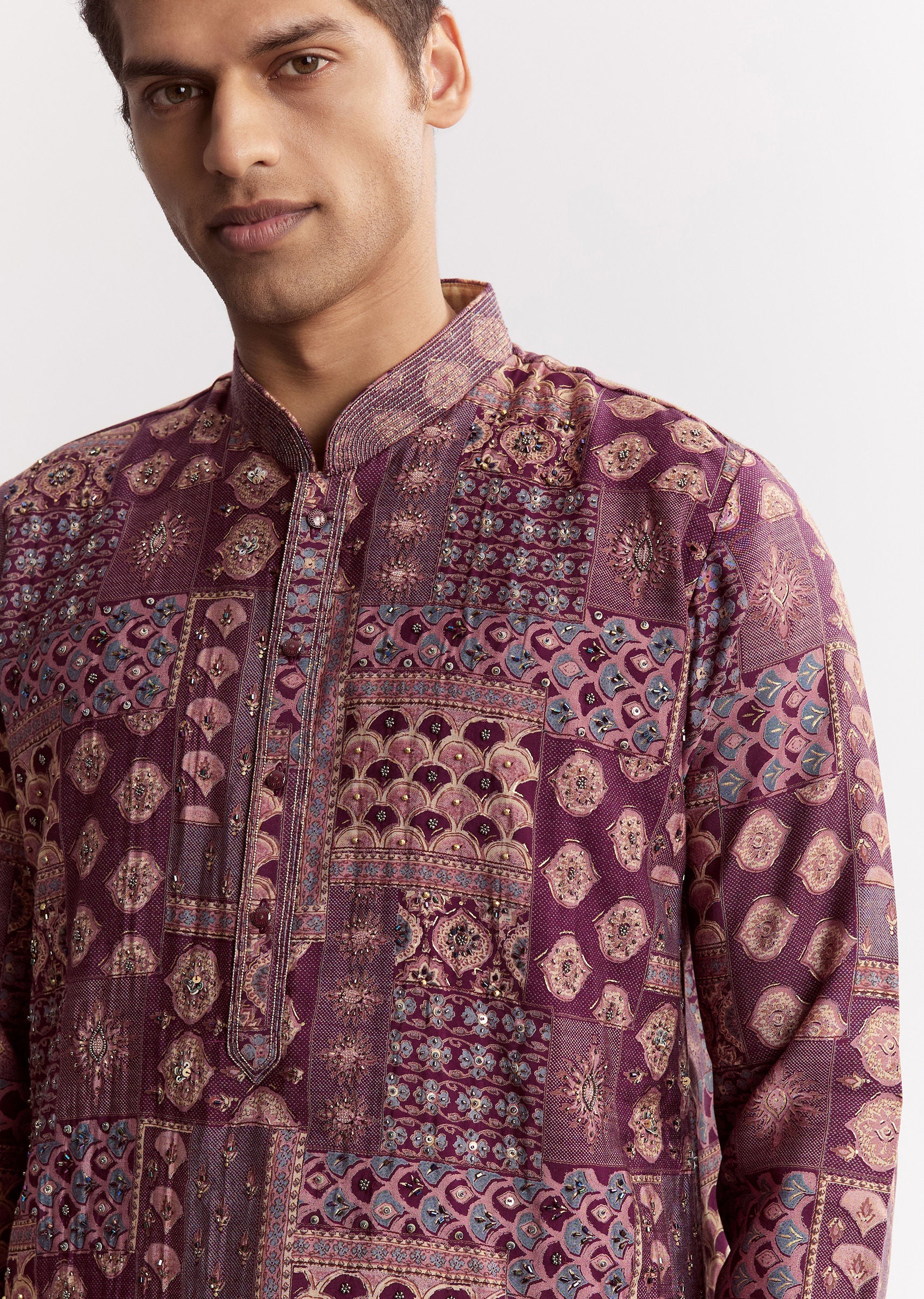 Wine Chanderi Printed Kurta Jacket Set With Stone Sequins And Cutdana - Image 3