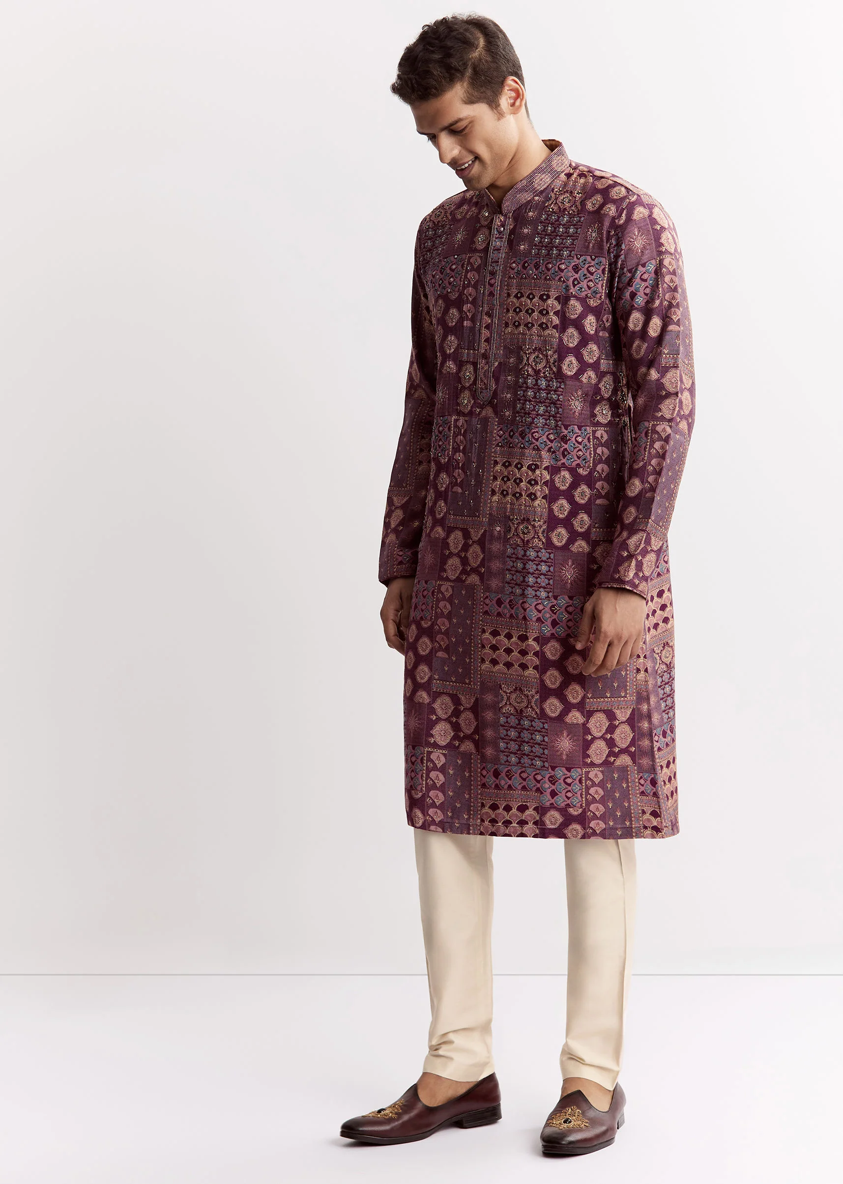 Wine Chanderi Printed Kurta Jacket Set With Stone Sequins And Cutdana - Image 4