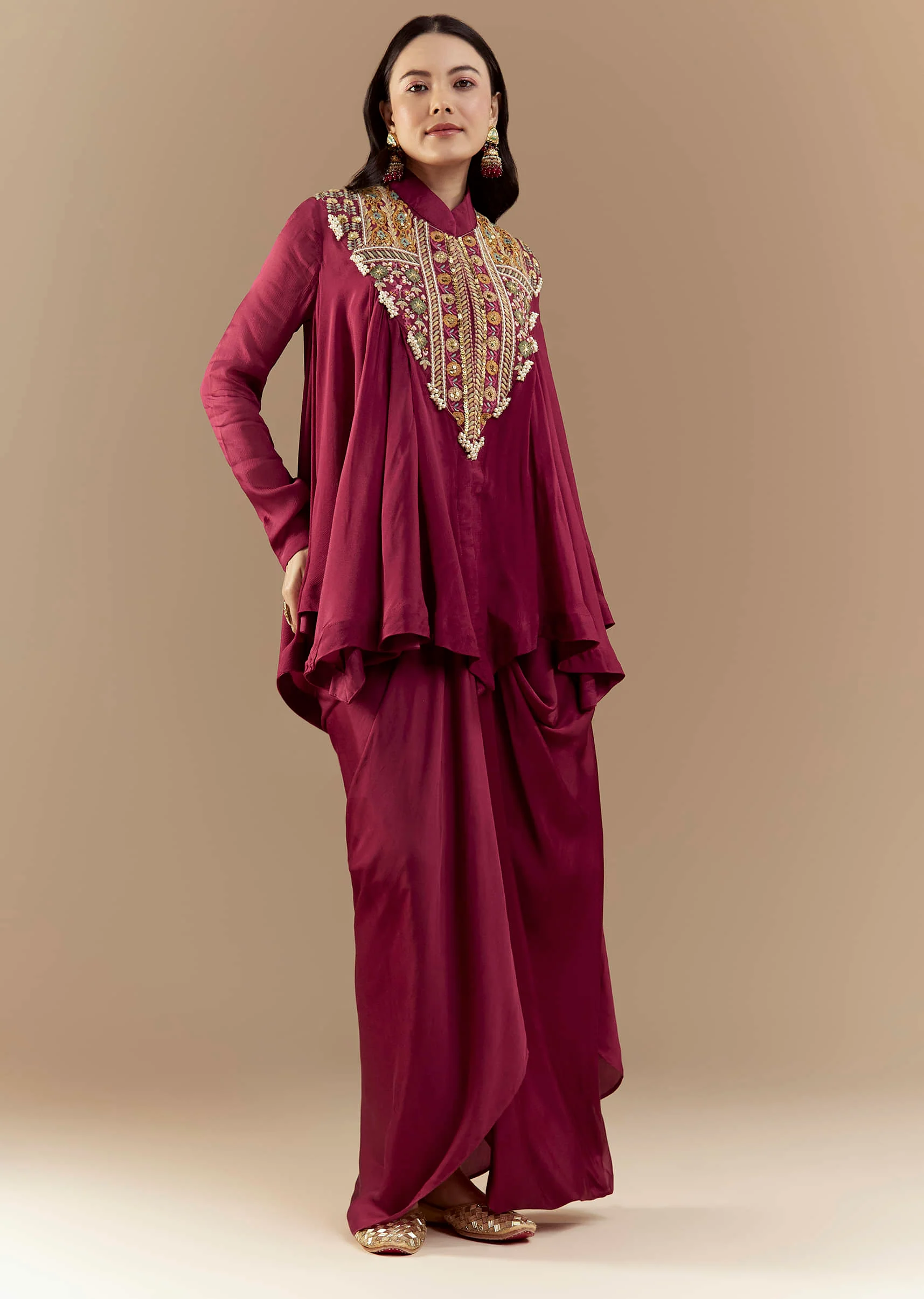 Wine Chinon Asymmetric Cape Top and Skirt Set - Image 3
