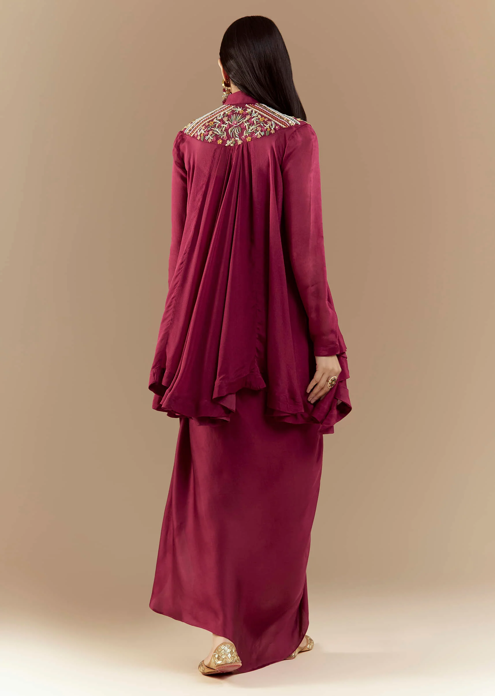 Wine Chinon Asymmetric Cape Top and Skirt Set - Image 5
