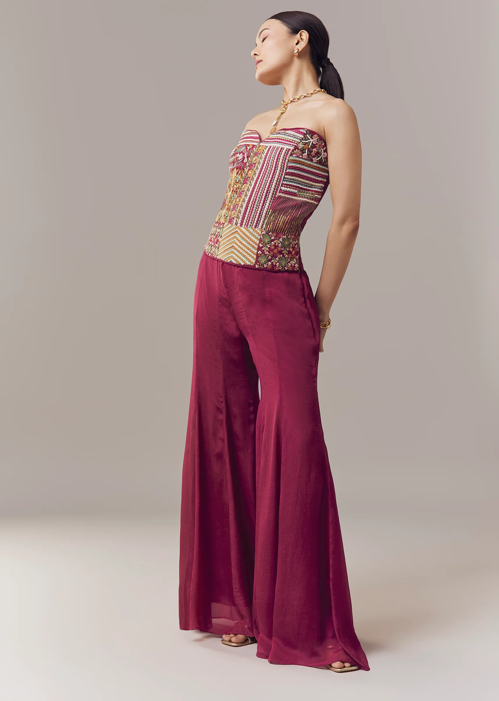 Wine Corset Crop Top And Pants Set With Thread And Sequins Work - Image 3