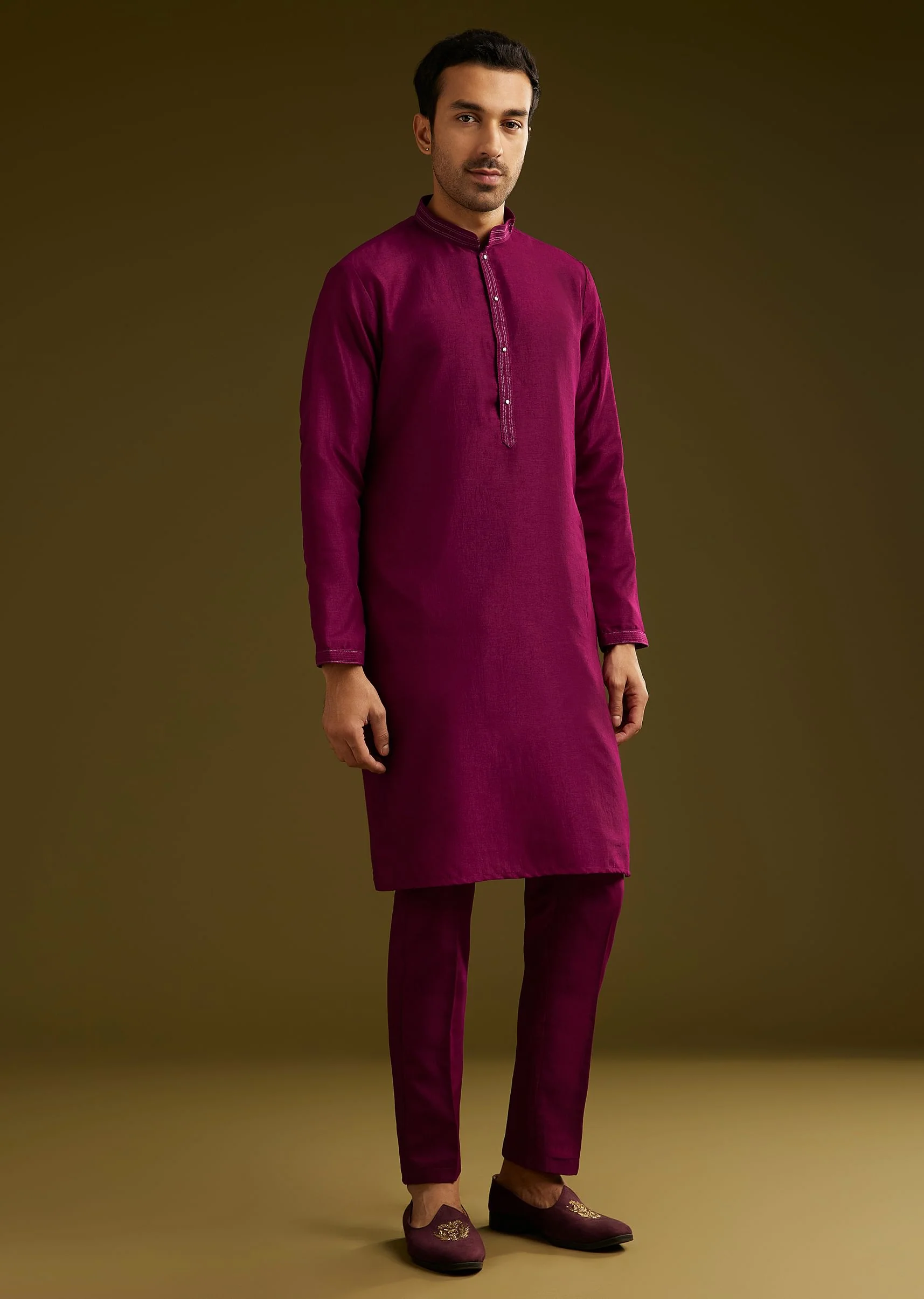 Wine Cotton Silk Kurta Set With Embroidered Lapel Jacket - Image 8