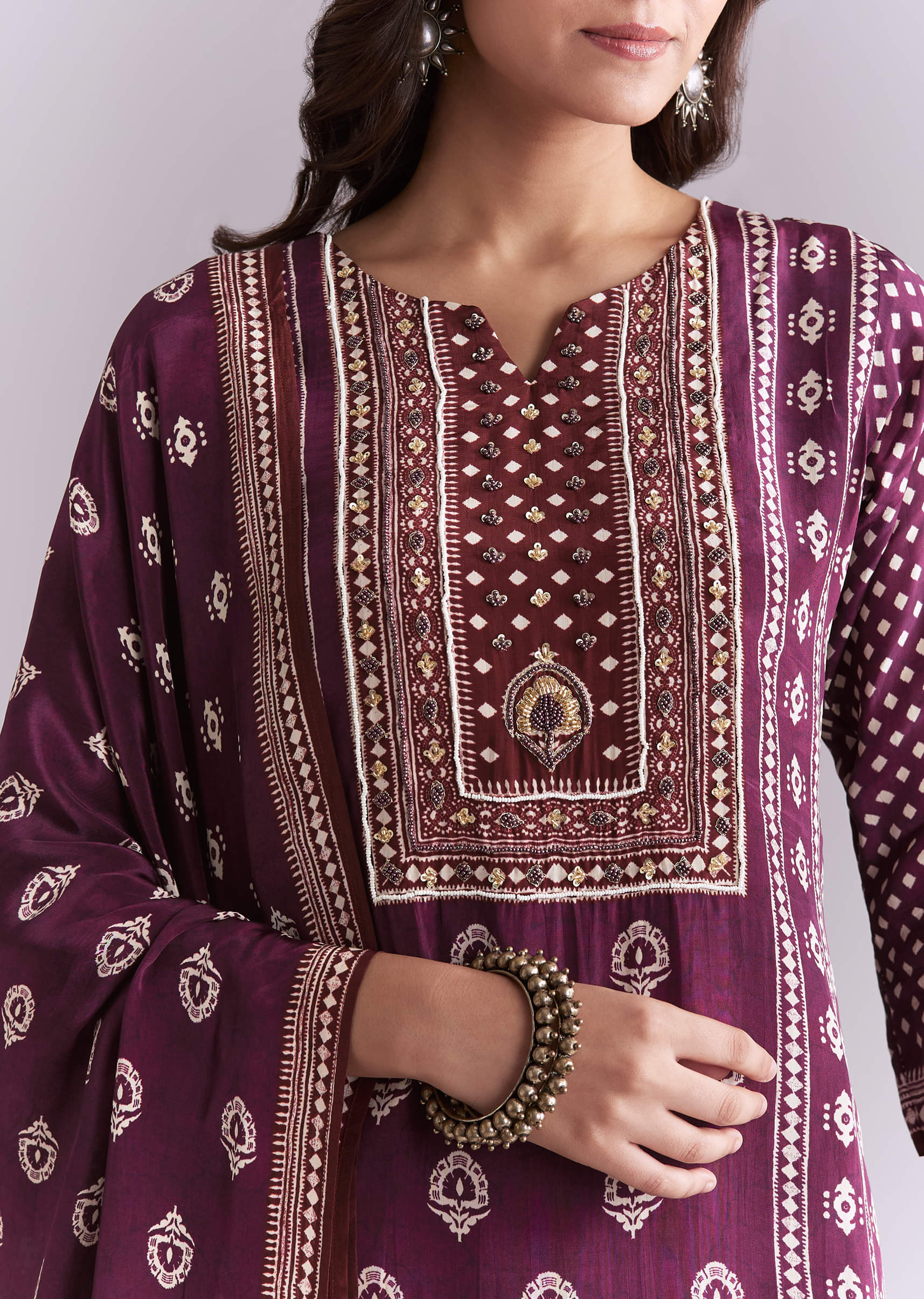 Wine Crepe Kurta Set With Indie Print And Moti Work - Image 2