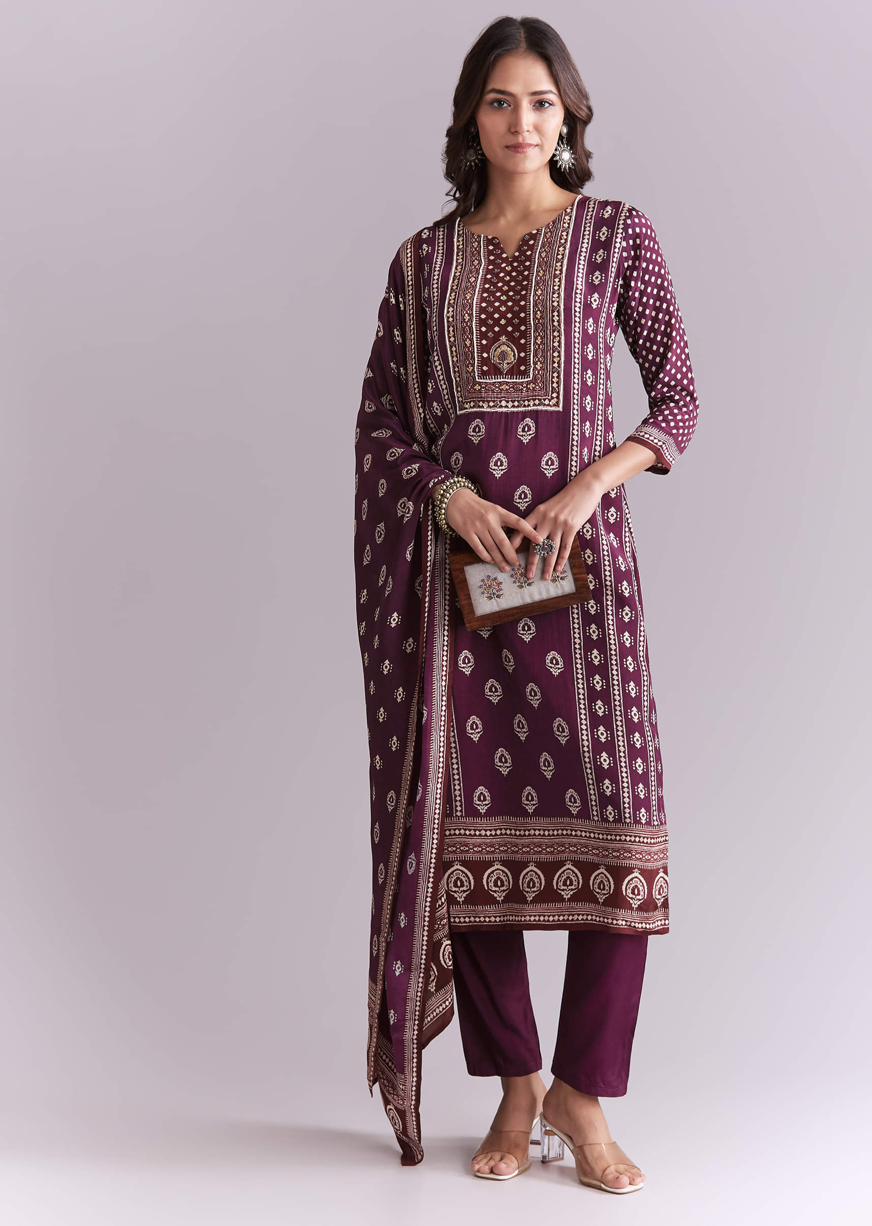 Wine Crepe Kurta Set With Indie Print And Moti Work - Image 3