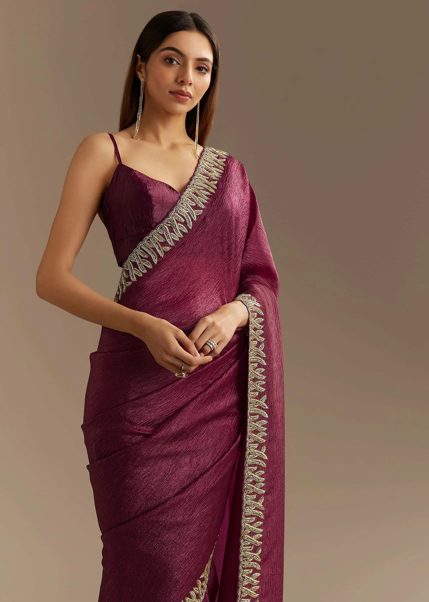 Wine Crushed Tissue Saree With Cutdana And Stone Embroidery - Image 3