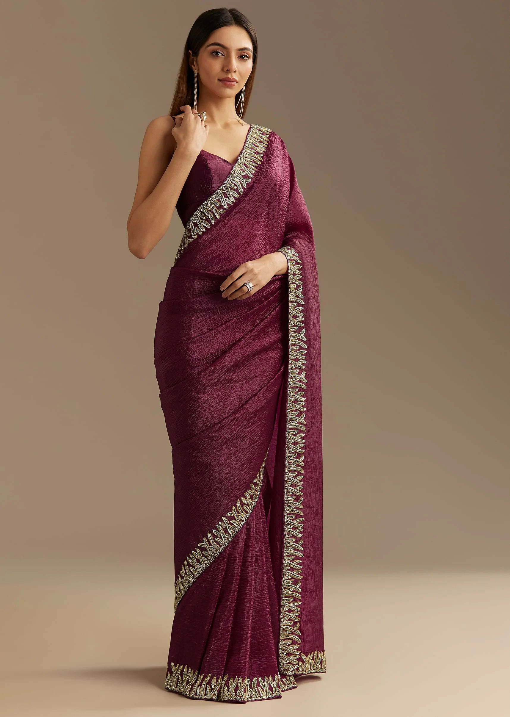 Wine Crushed Tissue Saree With Cutdana And Stone Embroidery - Image 5