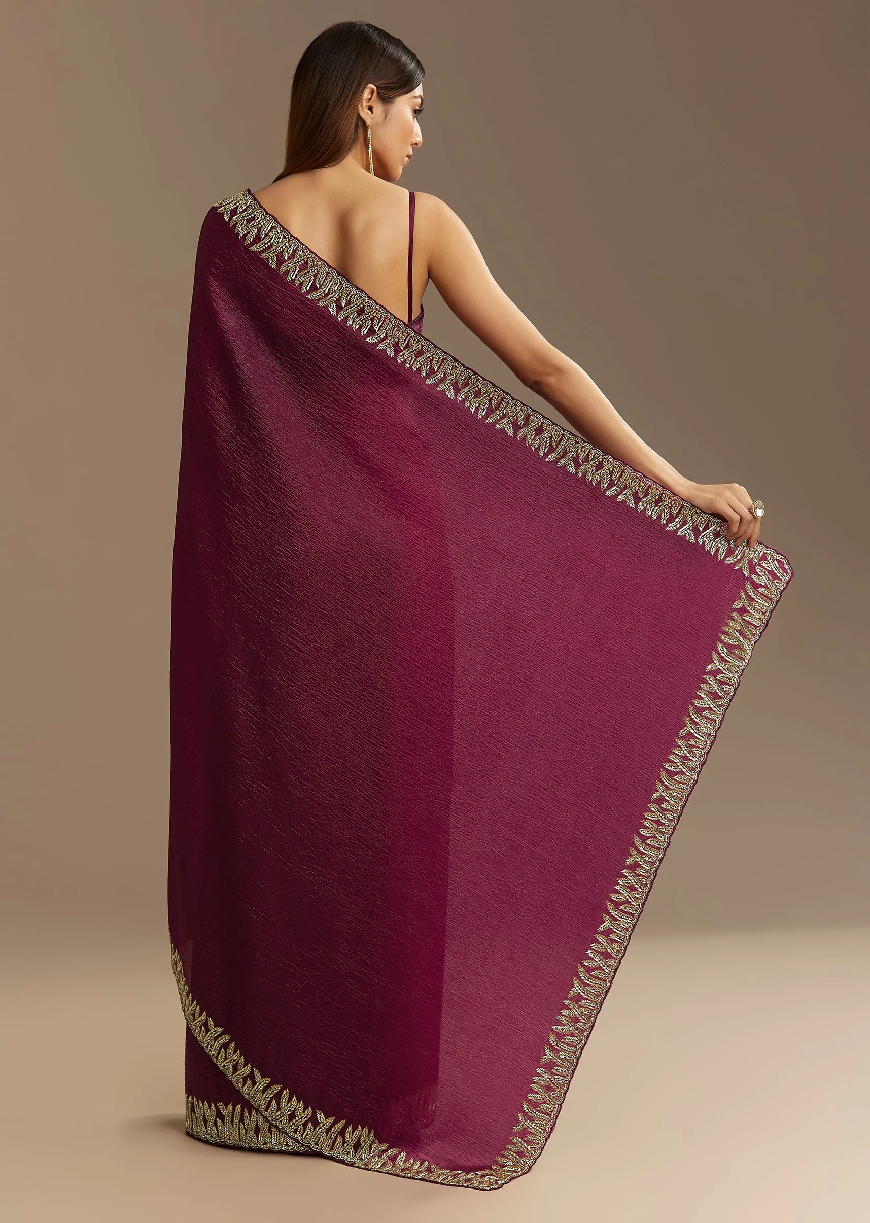 Wine Crushed Tissue Saree With Cutdana And Stone Embroidery - Image 6