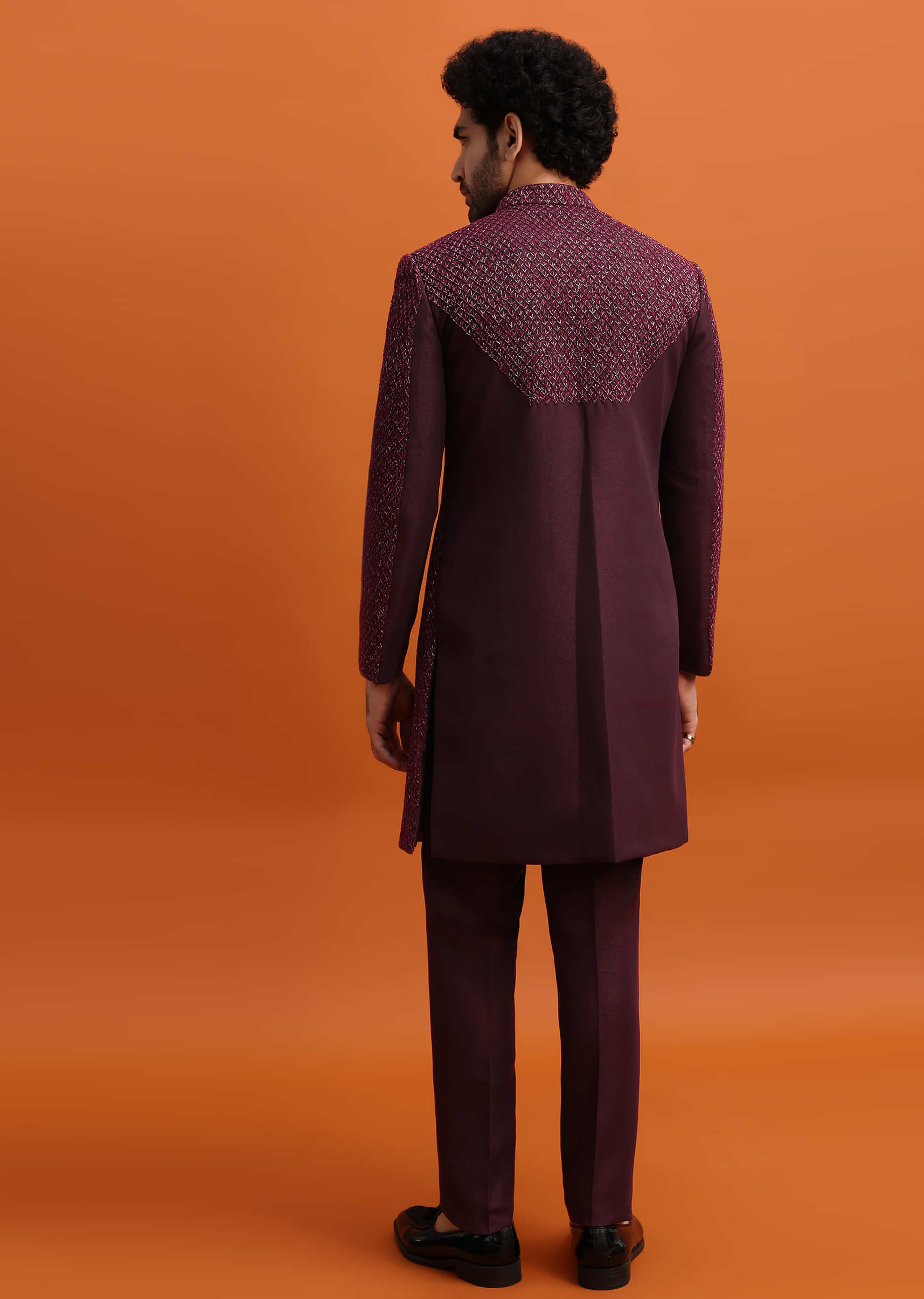 Wine Cutdana Embroidered Sherwani For Men - Image 6