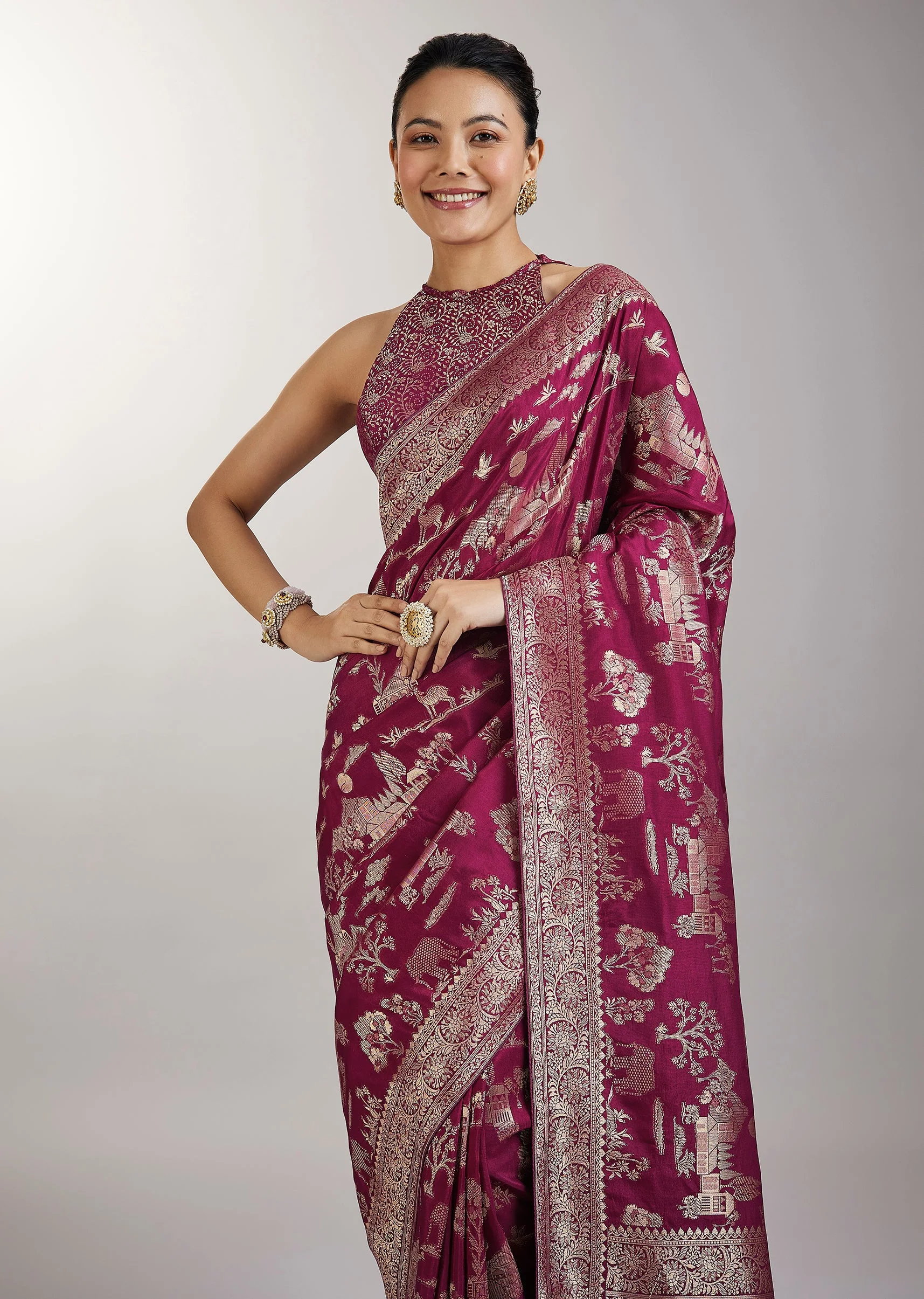 Wine Dola Silk Jungla Jaal Saree - Image 5