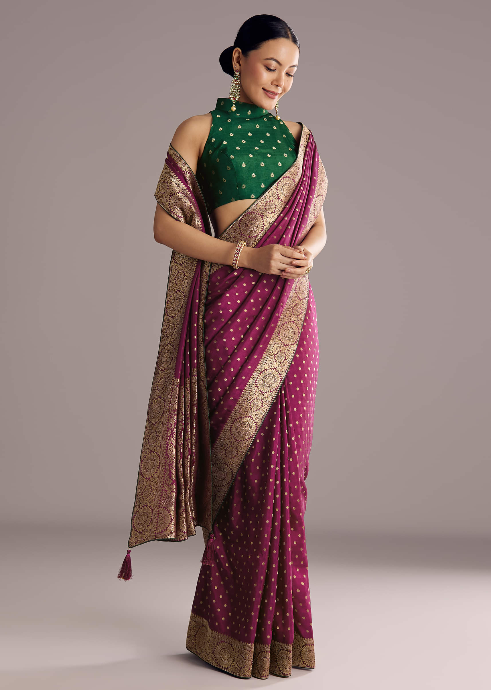 Wine Dola Silk Saree With Butti Work And Floral Border - Image 5