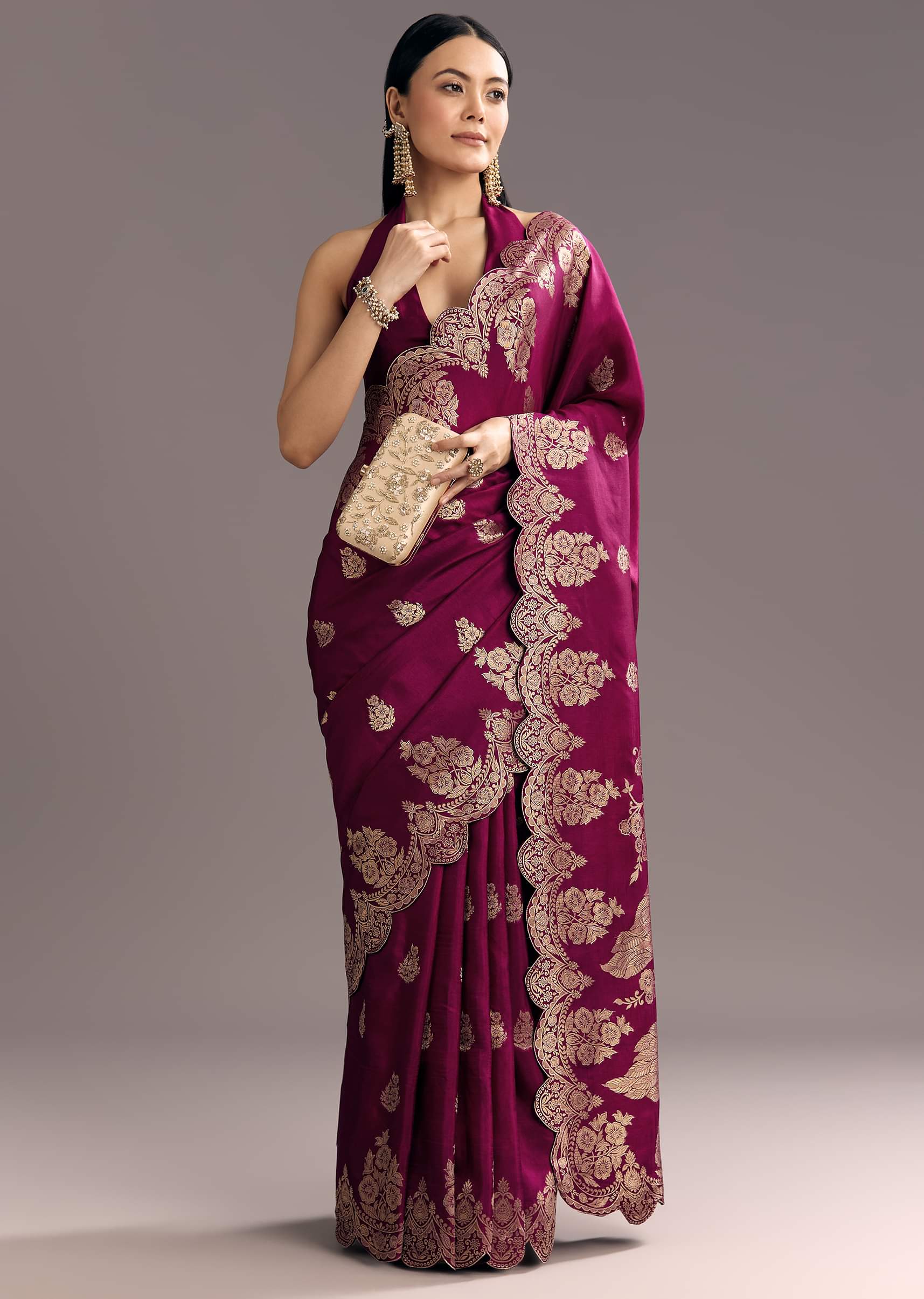 Wine Dola Silk Woven Motif Saree With Scallop Border - Image 2