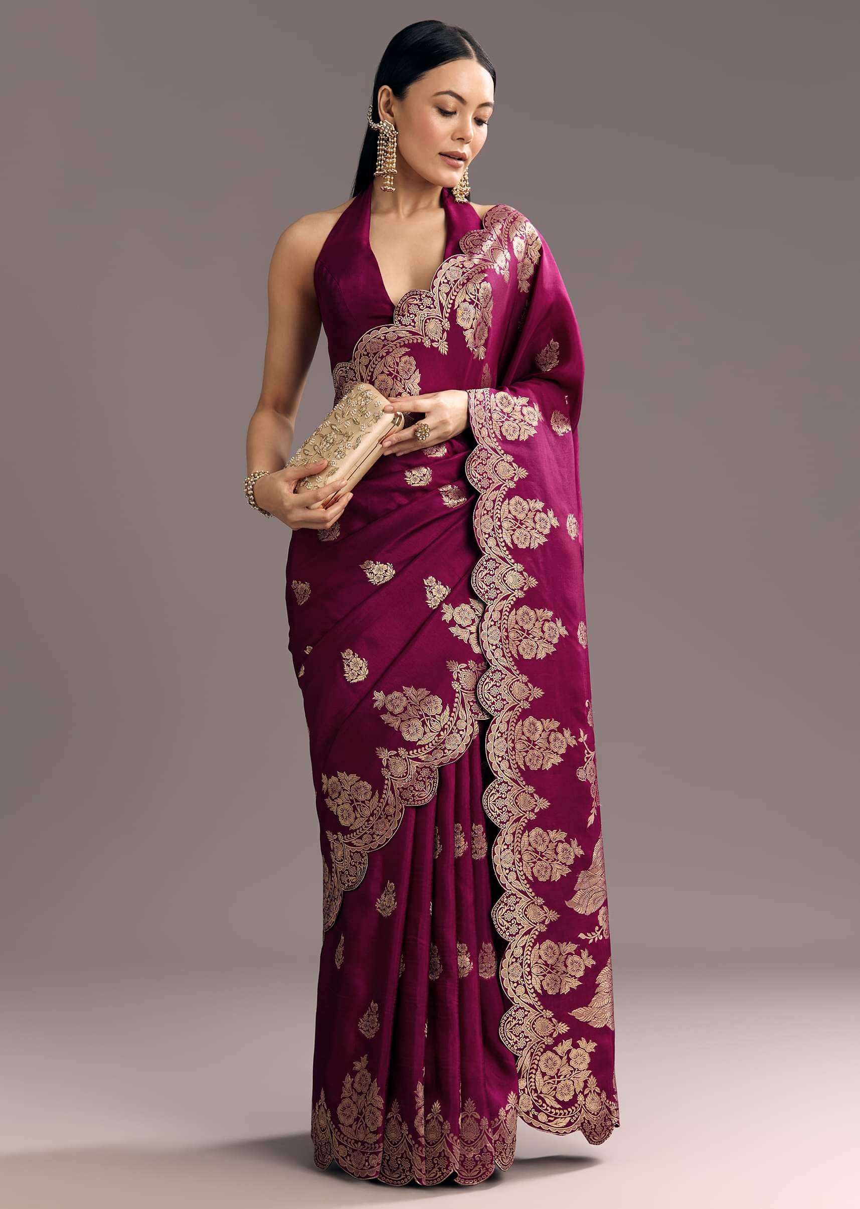 Wine Dola Silk Woven Motif Saree With Scallop Border - Image 5