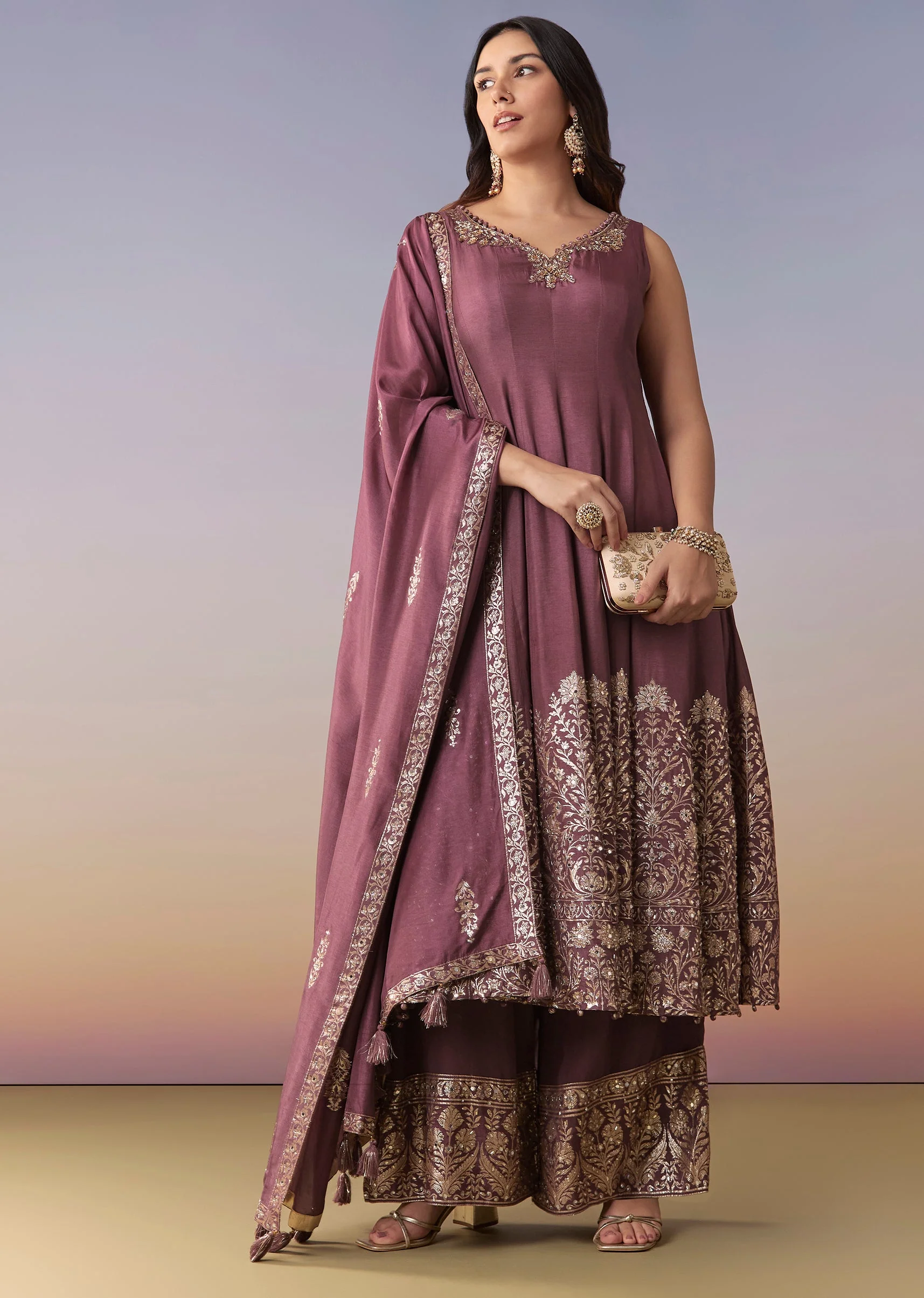 Wine Embellished Anarkali Suit Set With Pant And Dupatta - Image 3
