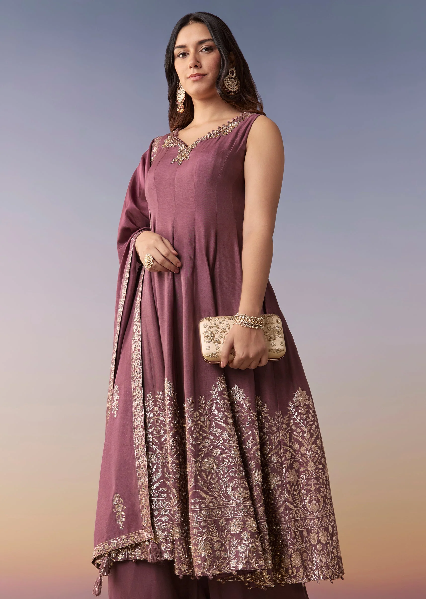 Wine Embellished Anarkali Suit Set With Pant And Dupatta - Image 4