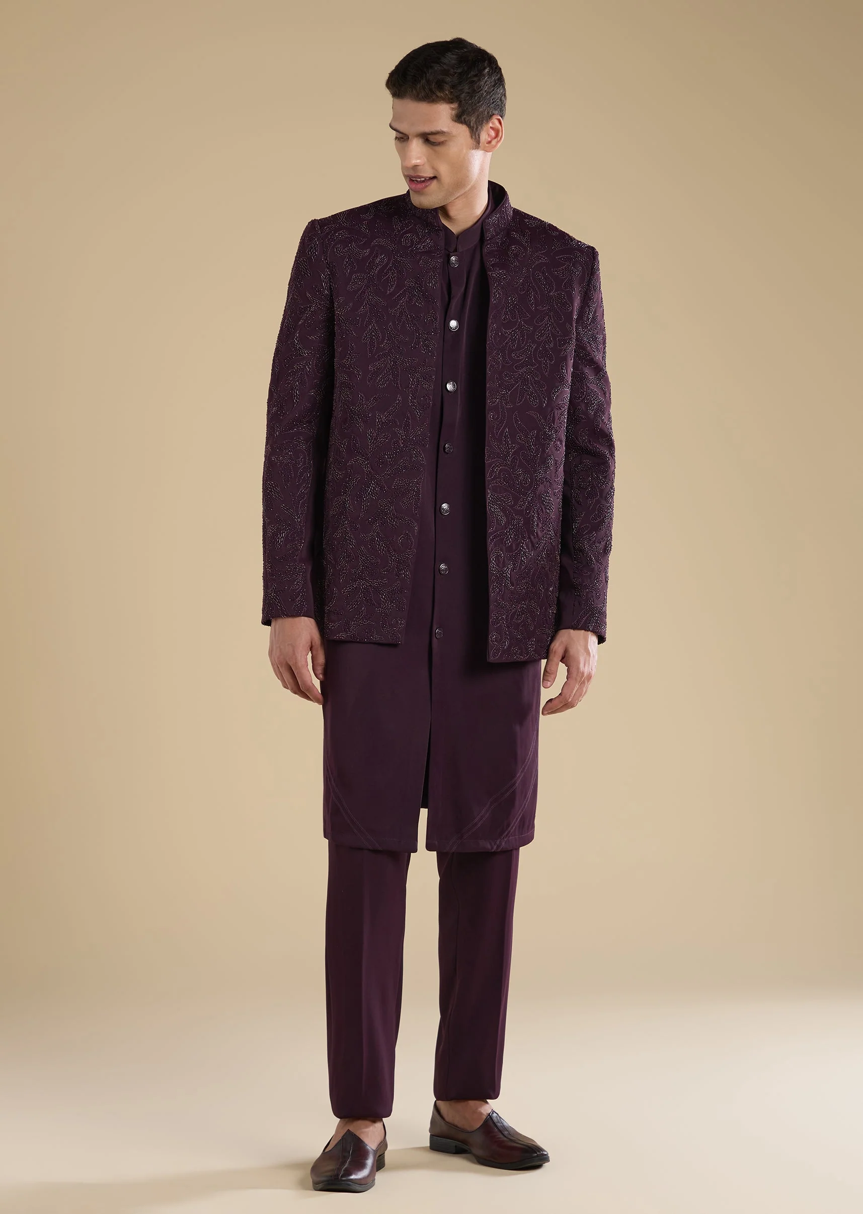 Wine Embellished Jodhpuri Set With Kurta And Pants