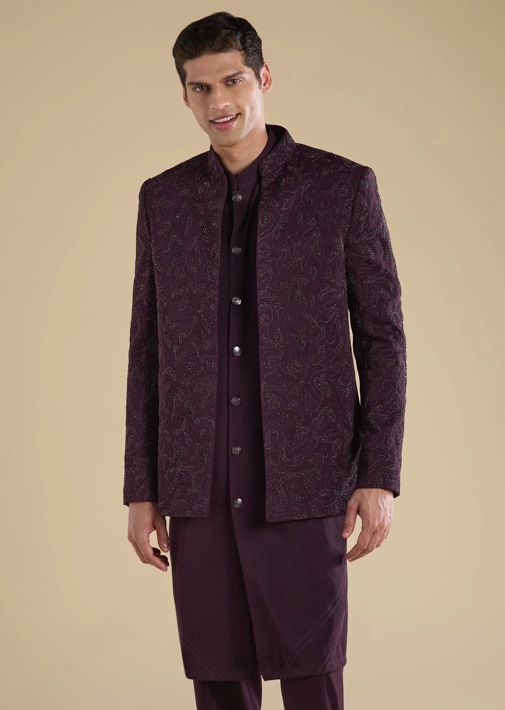 Wine Embellished Jodhpuri Set With Kurta And Pants - Image 4