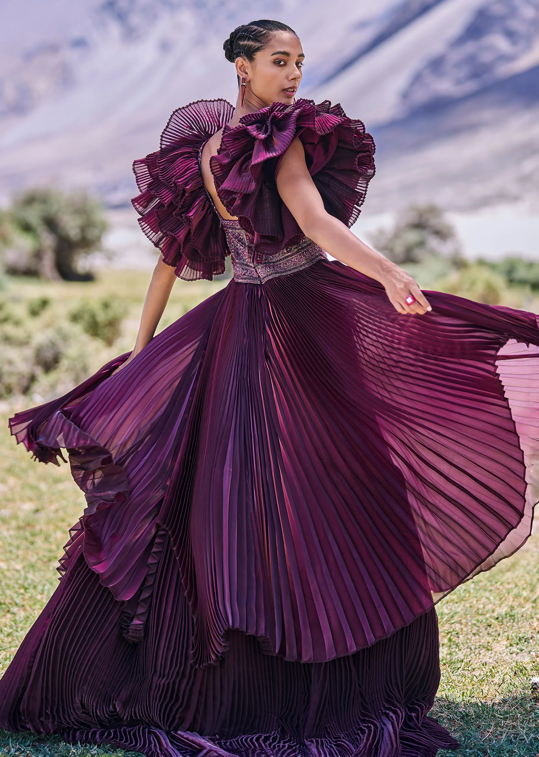 Wine Embroidered Flared Pleated Gown With Ruffle Sleeves - Image 6