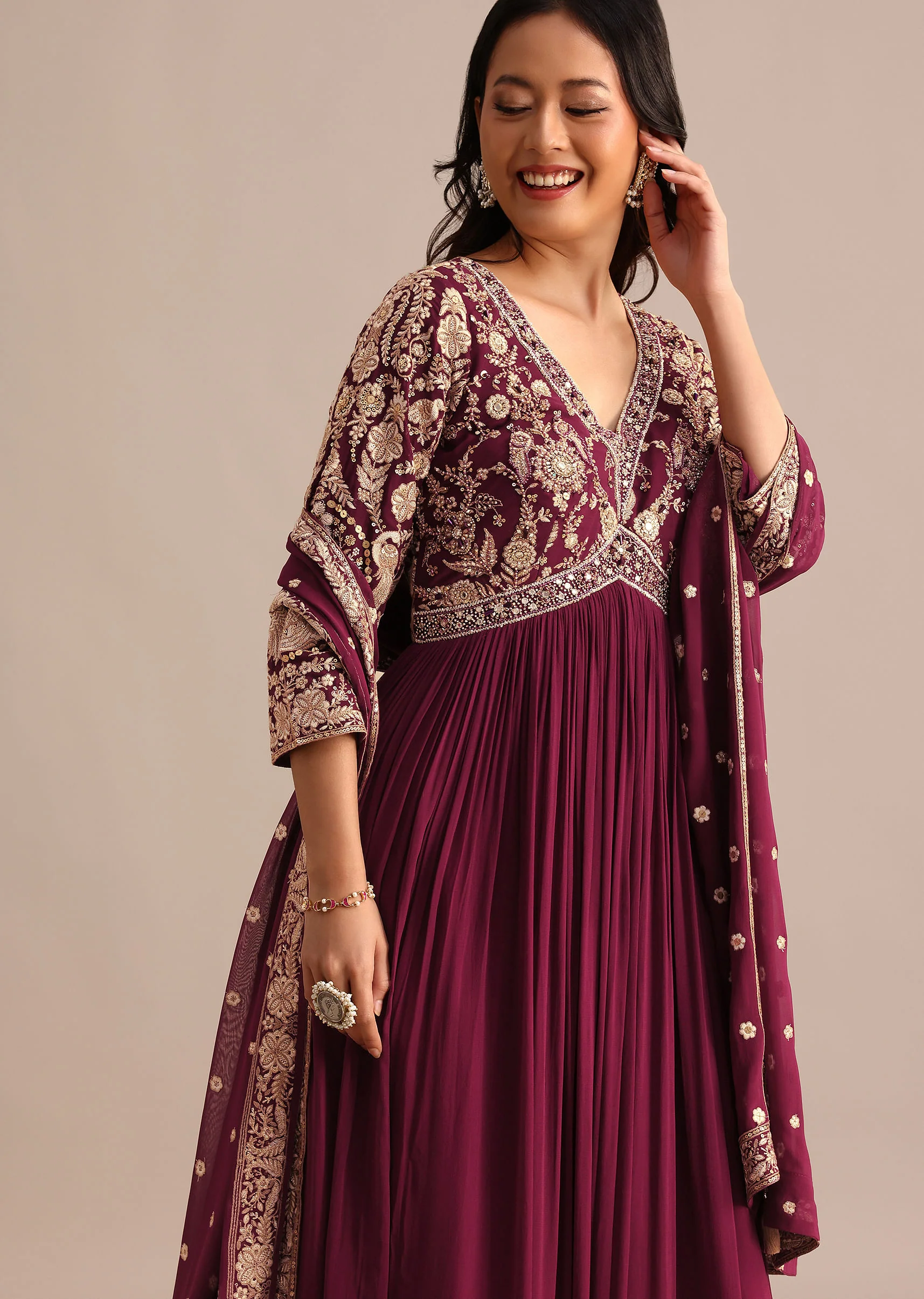 Wine Embroidered Georgette Anarkali Suit - Image 4