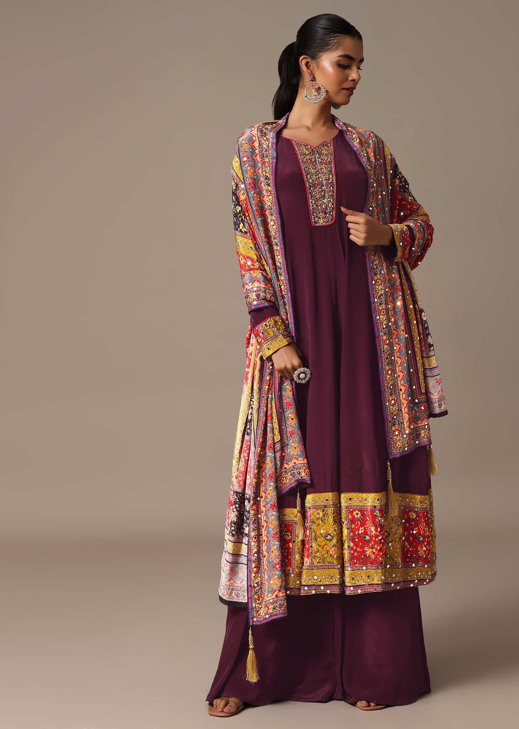 Wine Embroidered Kurta Palazzo Set With Mirror Work Dupatta - Image 3