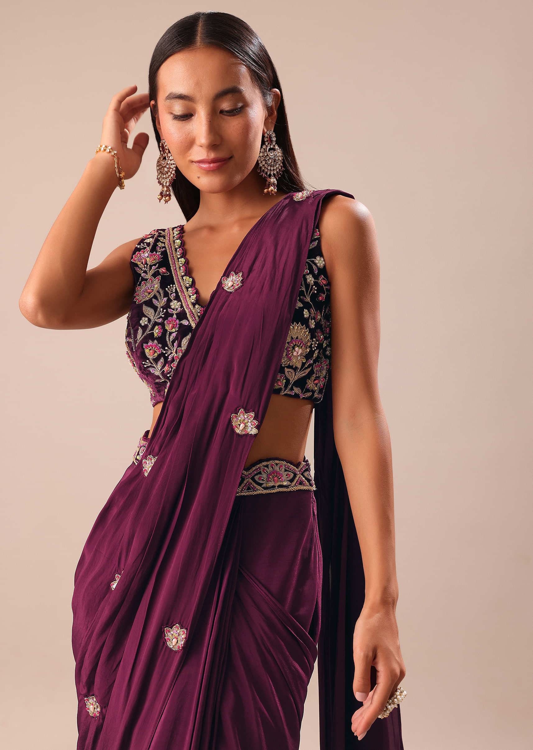Wine Embroidered Pre Stitched Saree With Blouse - Image 2