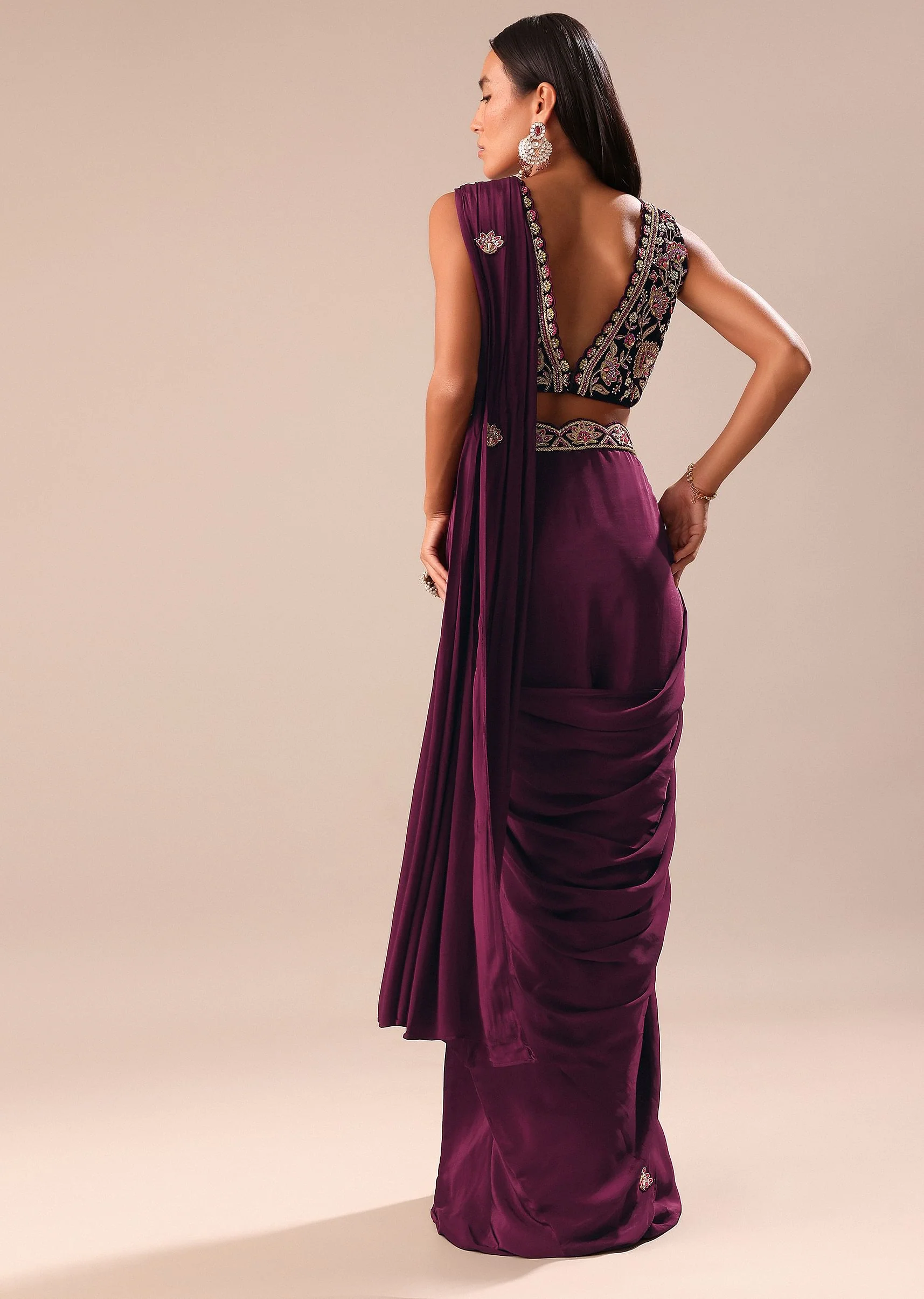 Wine Embroidered Pre Stitched Saree With Blouse - Image 4