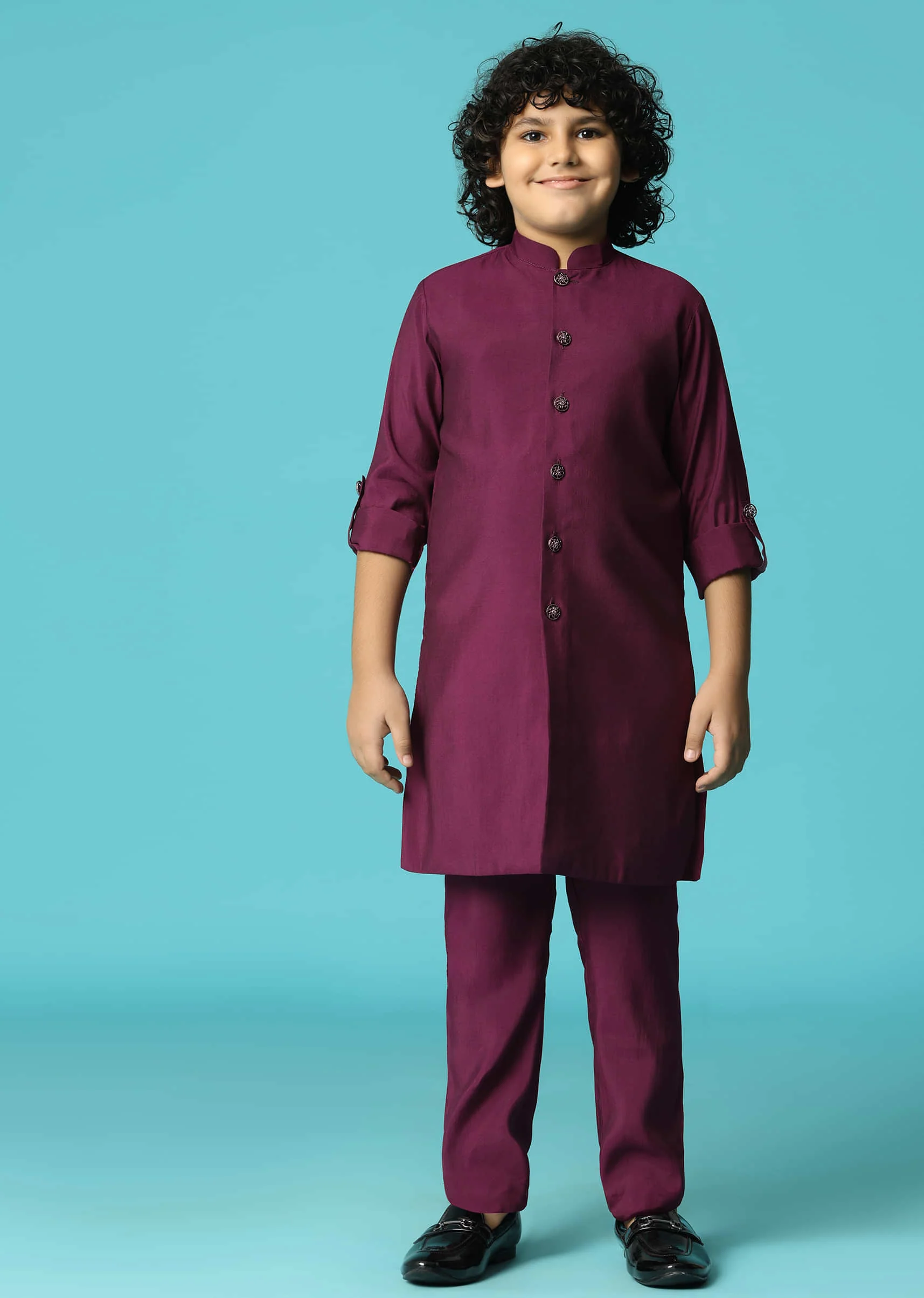 Wine Embroidered Silk Kurta Jacket Set For Boys - Image 6