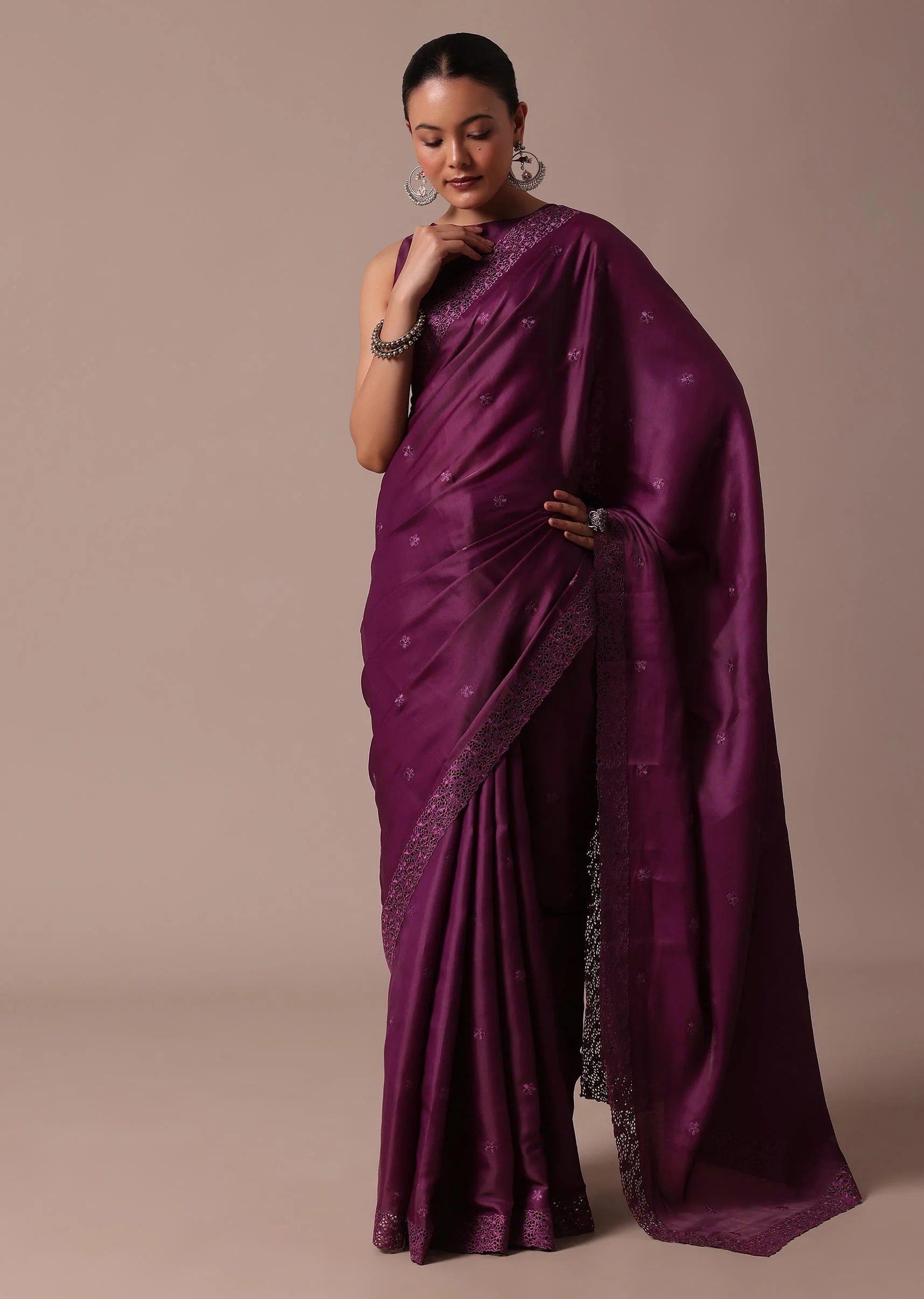 Wine Embroidered Tussar Saree With Unstitched Blouse - Image 3