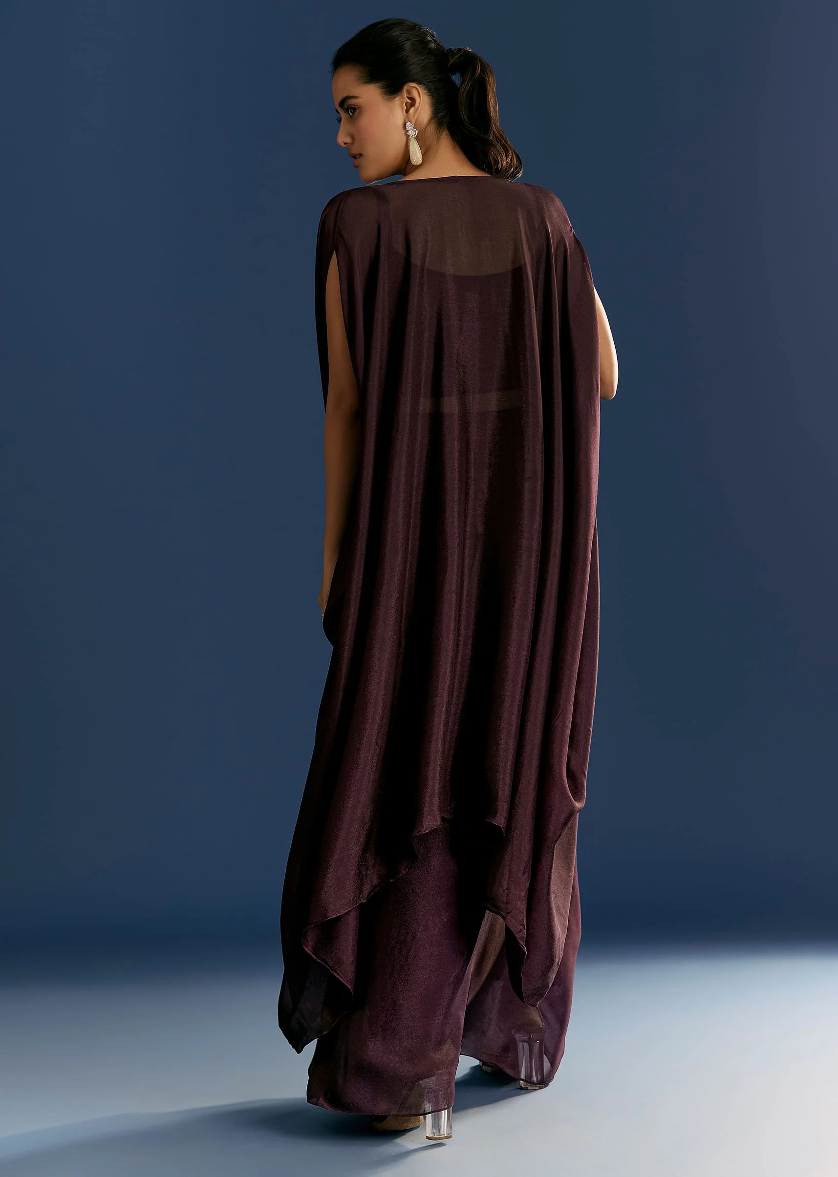 Wine Georgette Pintuck Croptop And Fancy Skirt With Embroidered Cape - Image 6
