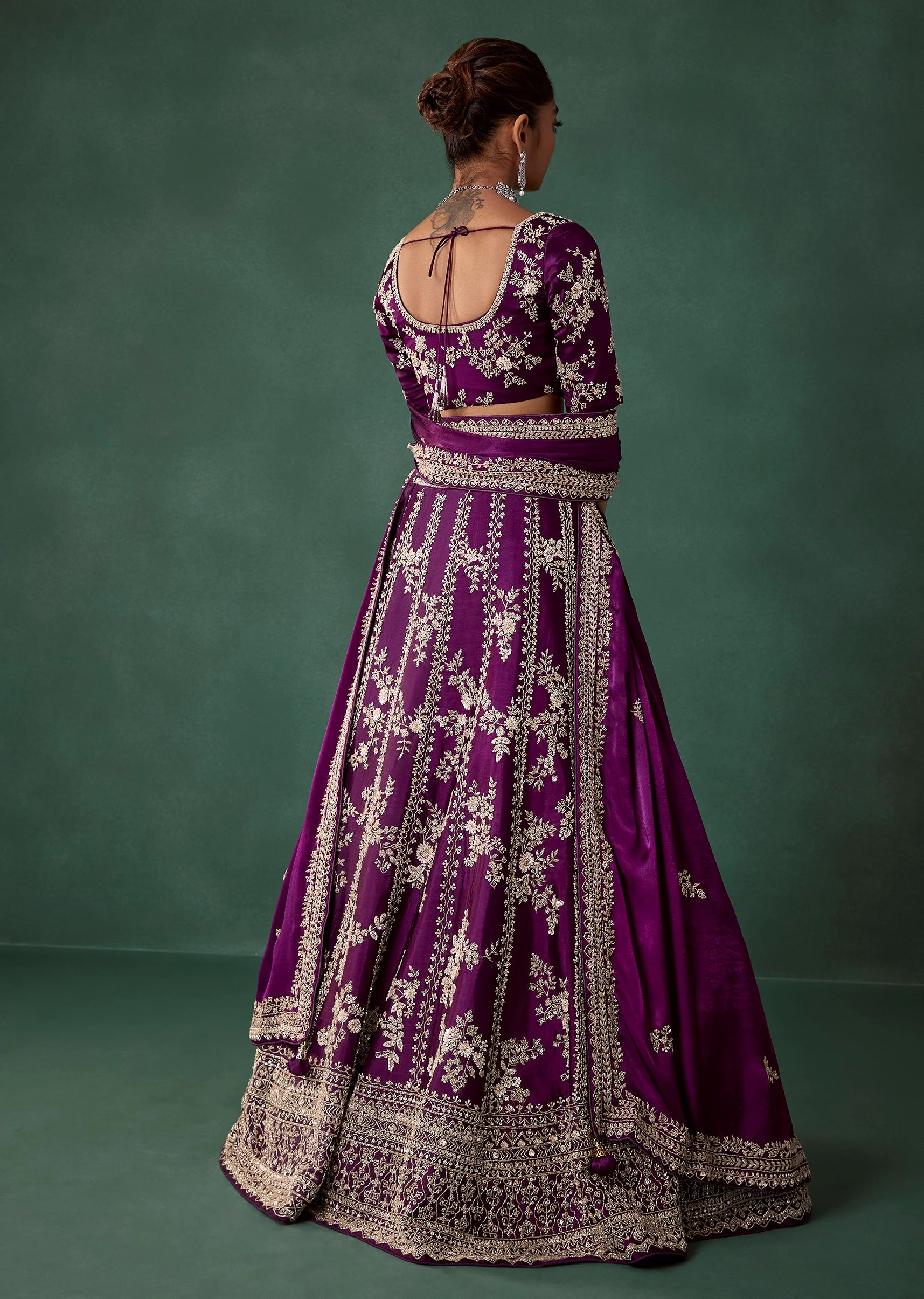 Wine Hand Embroidered Art Silk Bridal Lehenga Set - Image 2