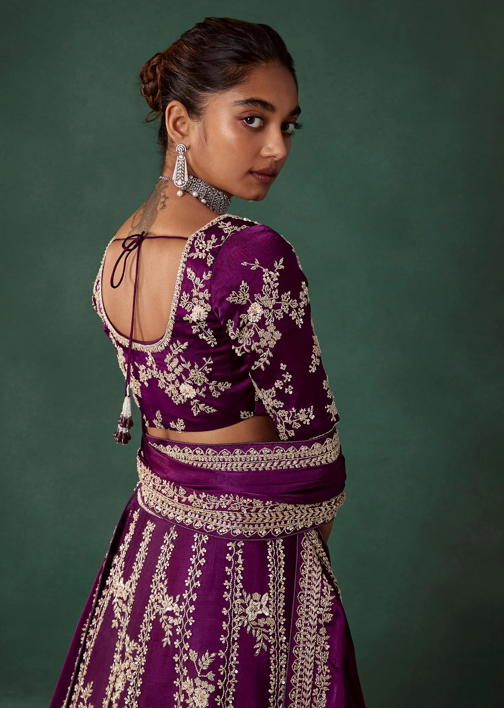 Wine Hand Embroidered Art Silk Bridal Lehenga Set - Image 6