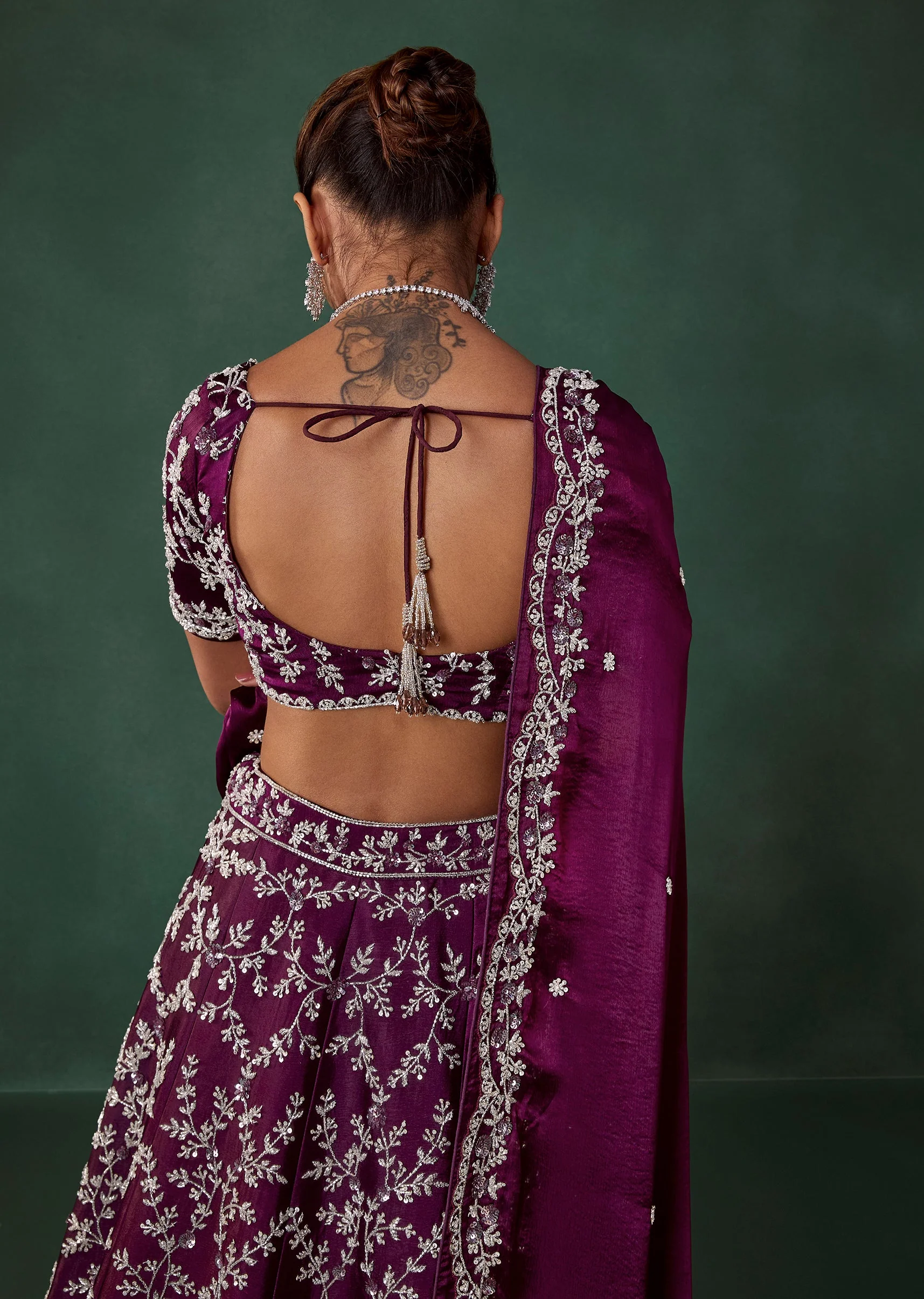 Wine Hand Embroidered Beaded Bridal Lehenga Set - Image 6