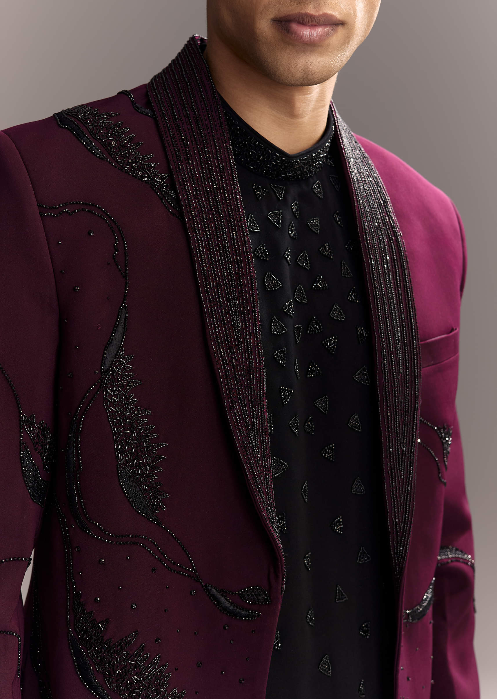 Wine Indo Western Set For Men With Heavy Hand Work - Image 2