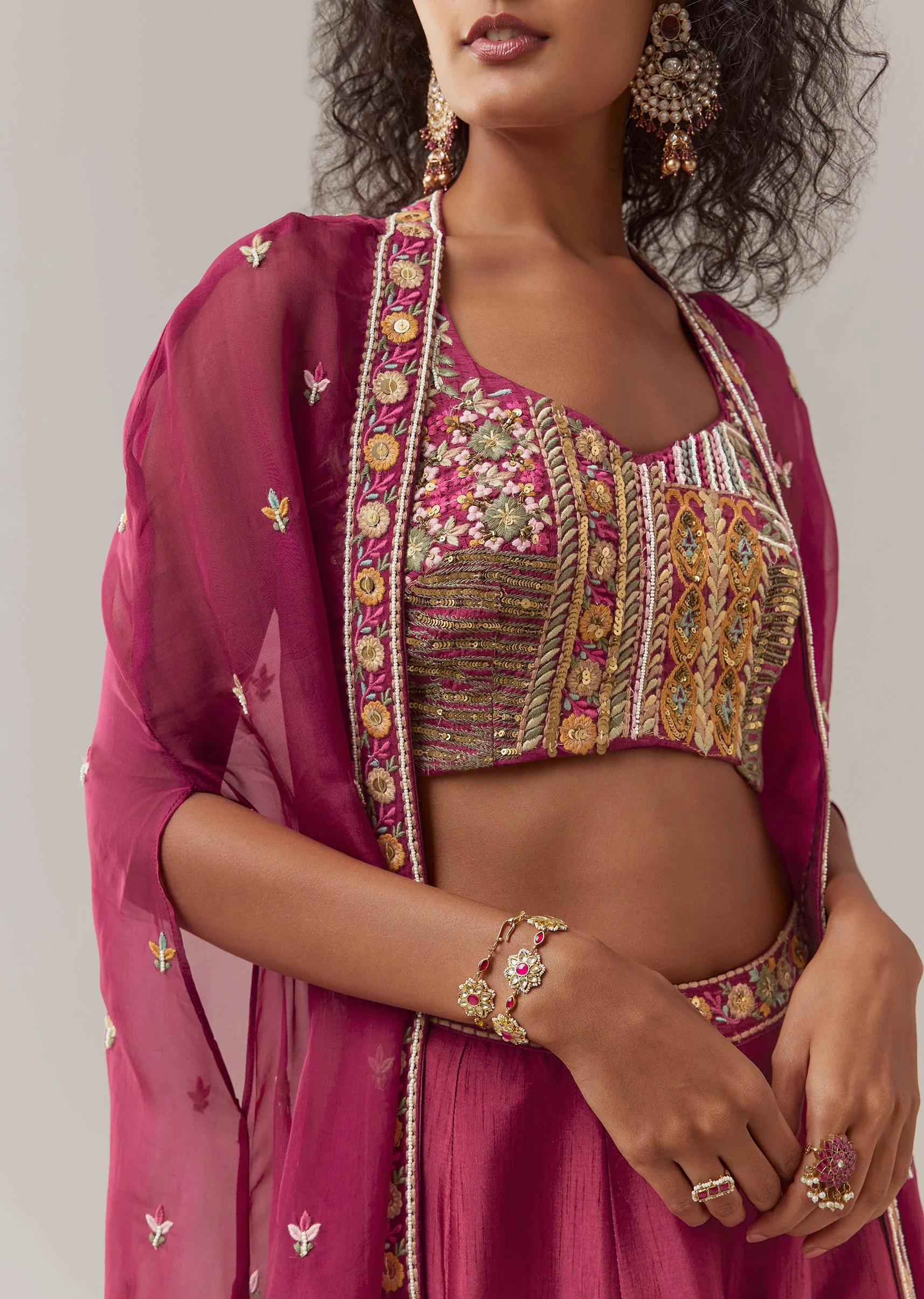 Wine Indowestern Silk Crop Top and Palazzo Set - Image 2