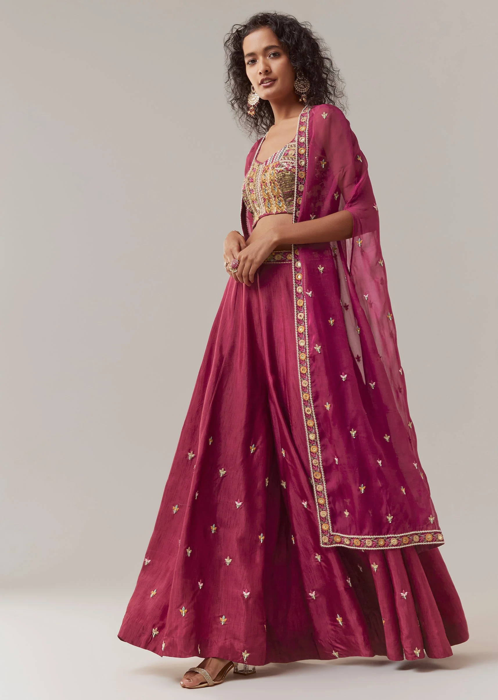 Wine Indowestern Silk Crop Top and Palazzo Set - Image 3