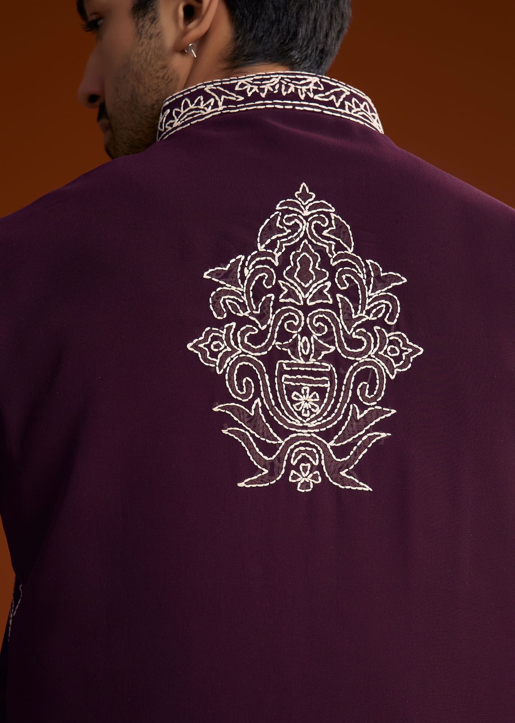 Wine Jacket Kurta Set With Thread Resham Embroidery - Image 4