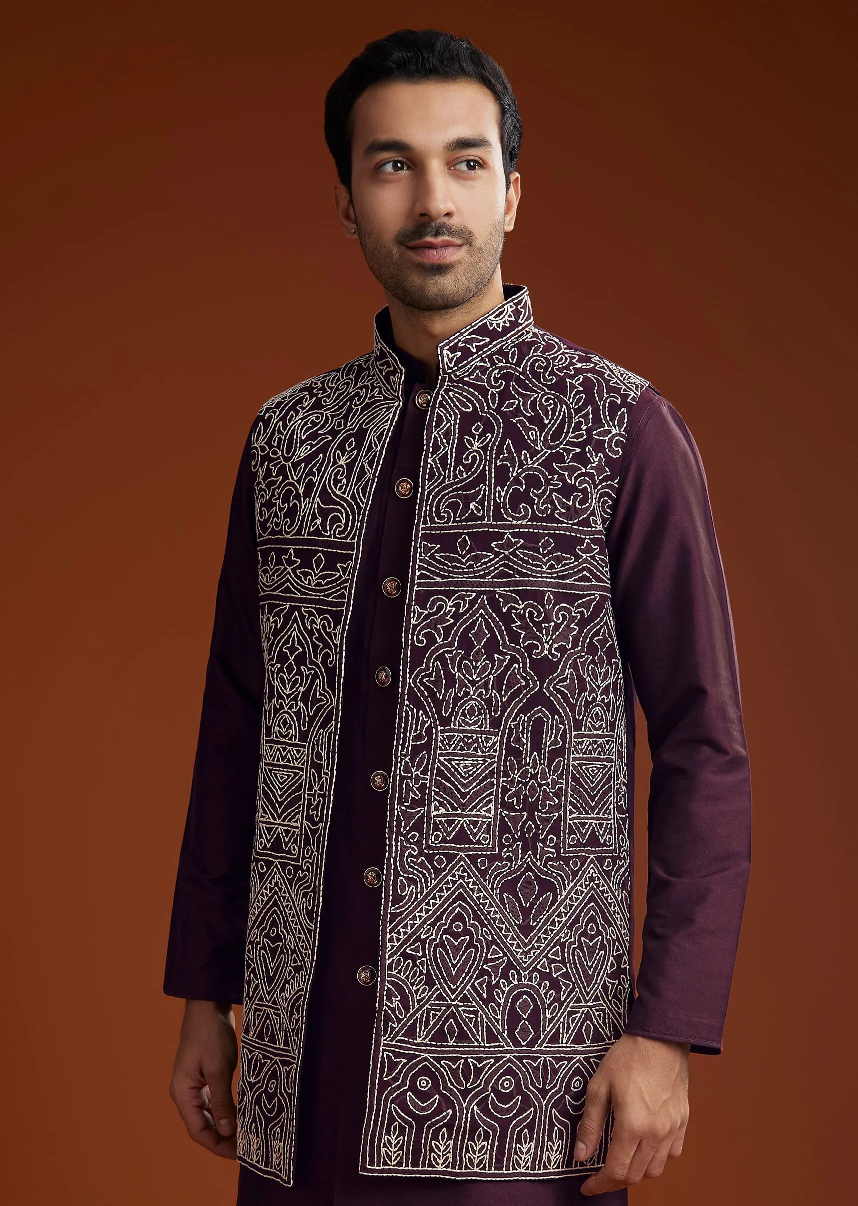 Wine Jacket Kurta Set With Thread Resham Embroidery - Image 5