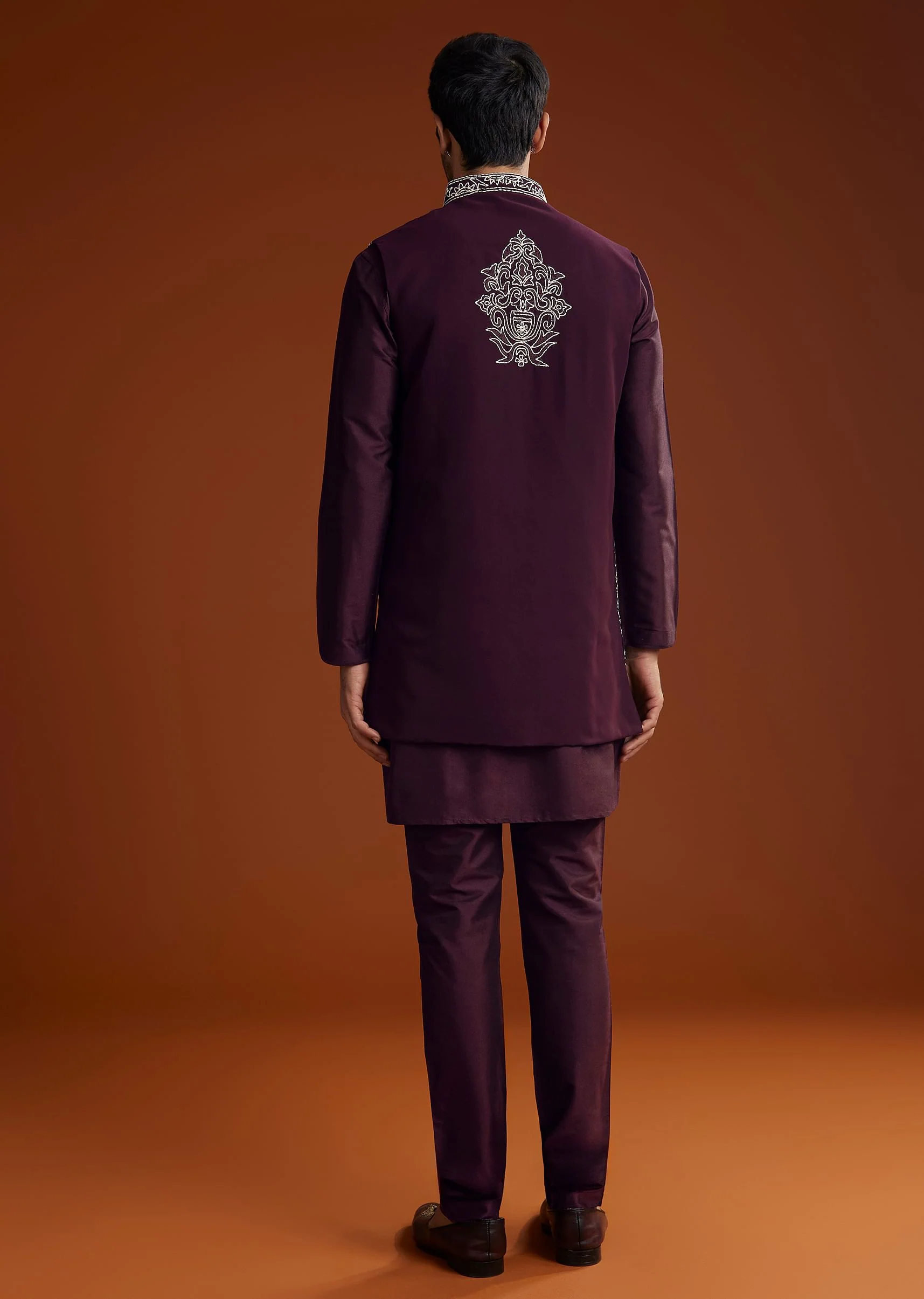 Wine Jacket Kurta Set With Thread Resham Embroidery - Image 6