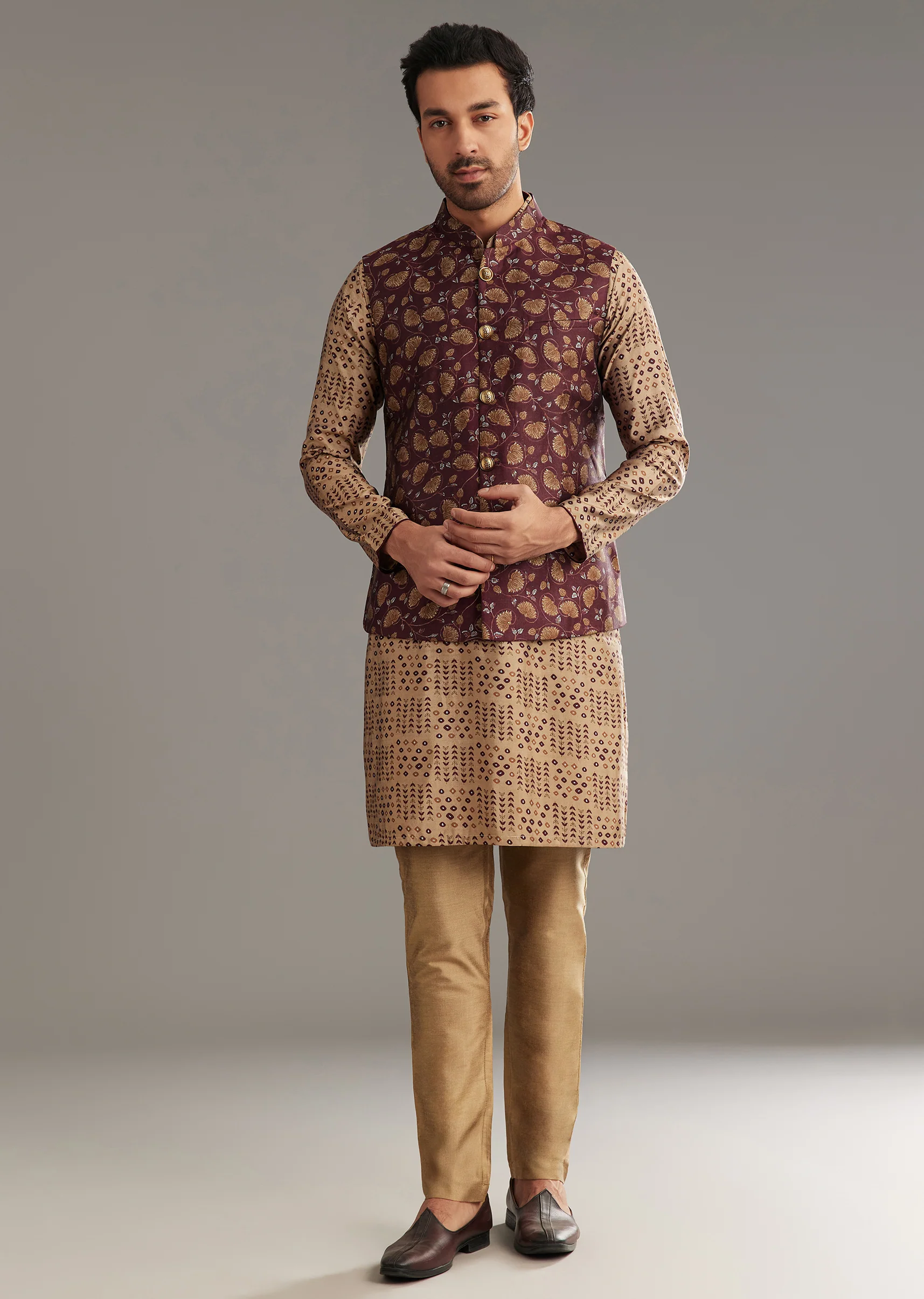 Wine Kurta Jacket Set In Modal Chanderi With Printed Design - Image 2