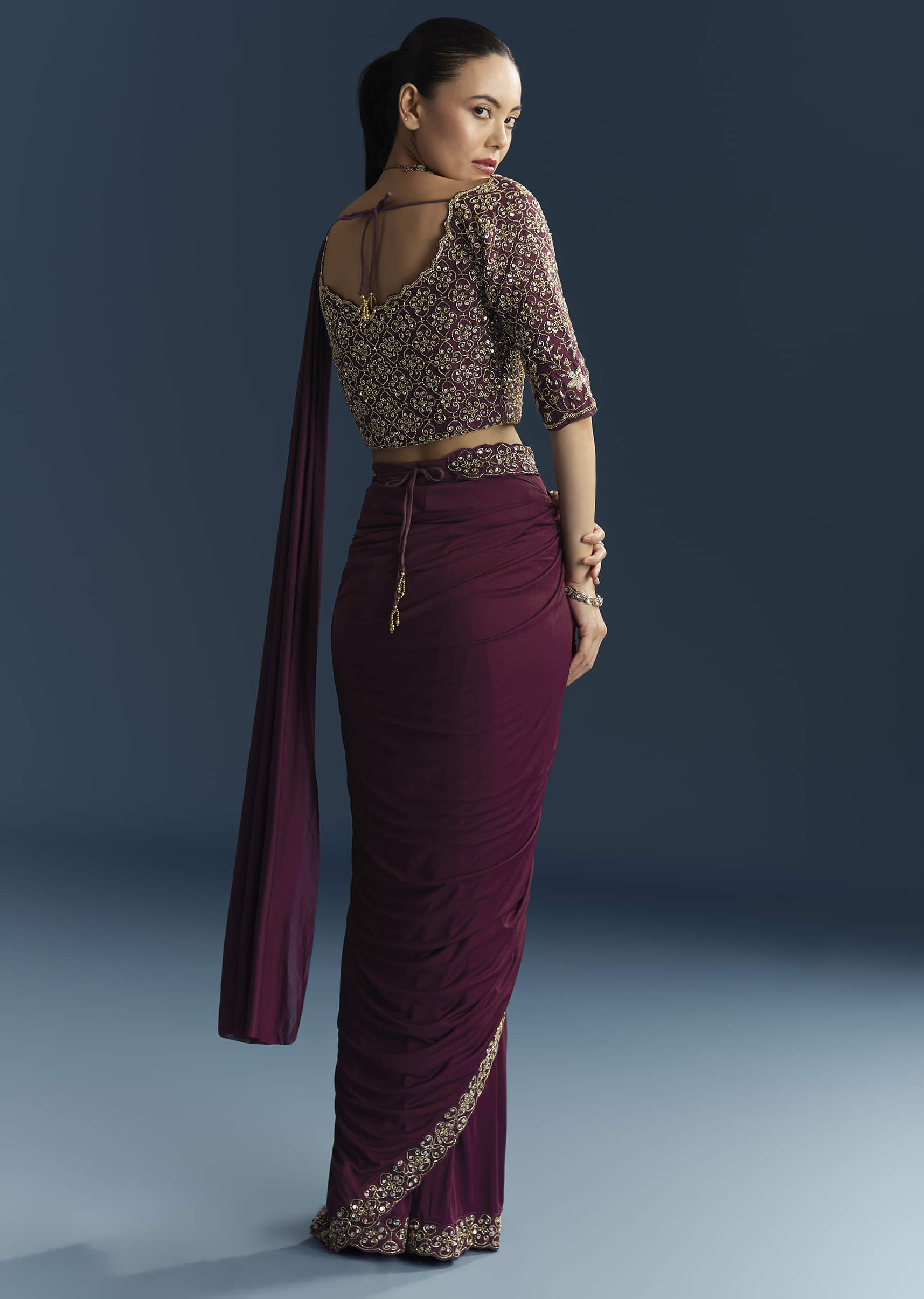 Wine Lycra Ready Pleated Saree With Cutdana Work - Image 3