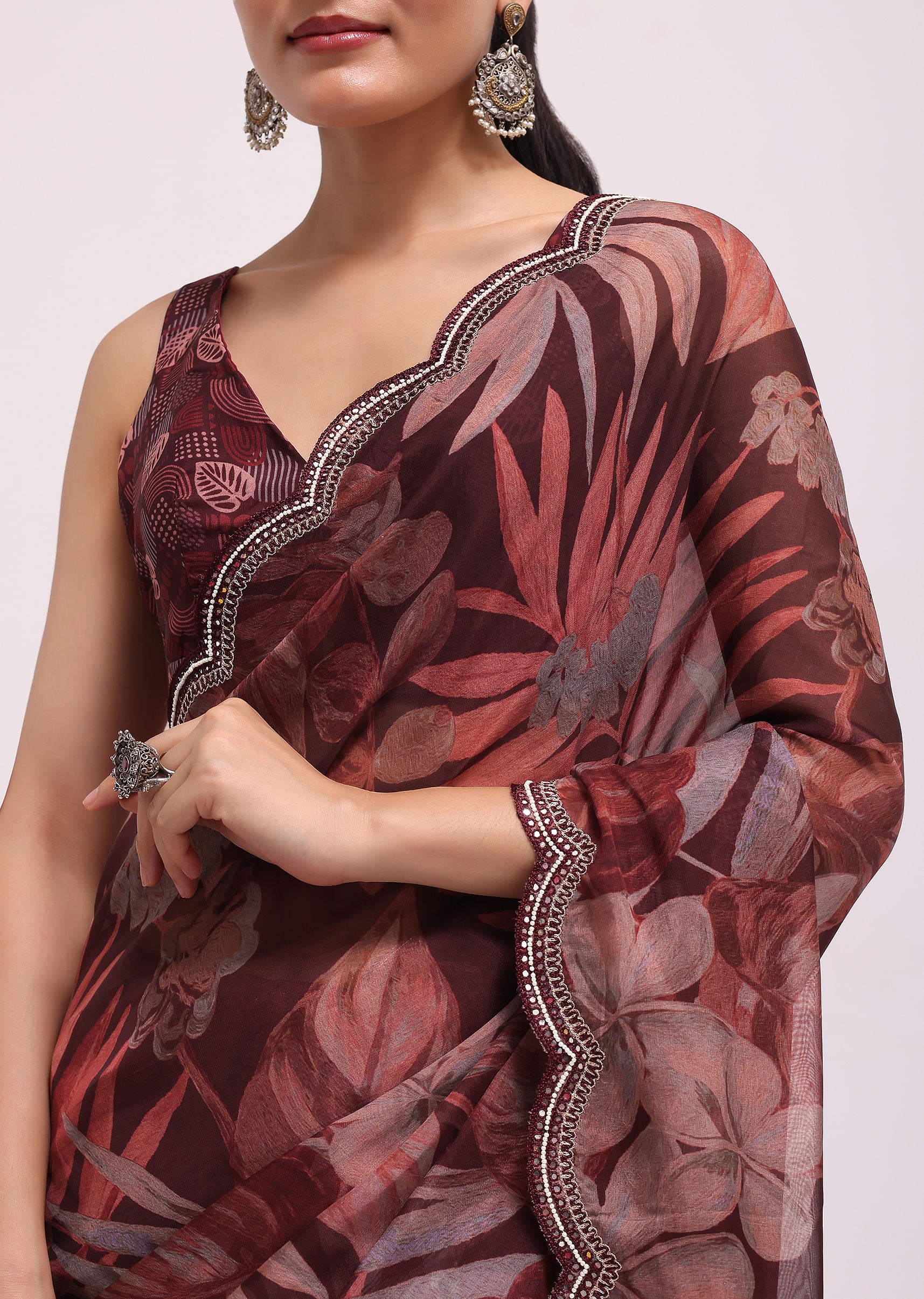 Wine Organza Leaf Printed Saree With Unstitched Blouse - Image 5
