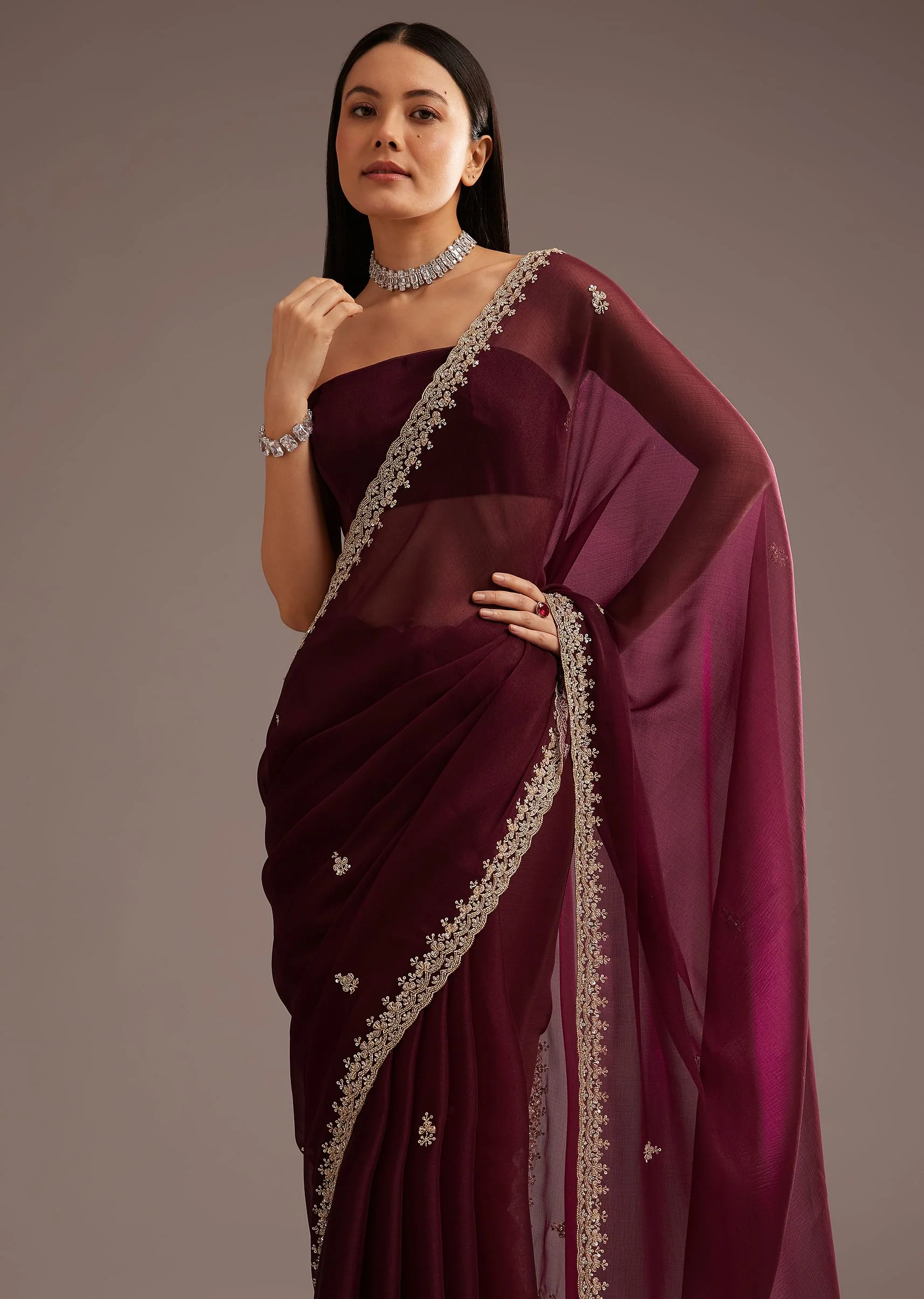 Wine Organza Saree With Cutdana And Sequins Border - Image 2