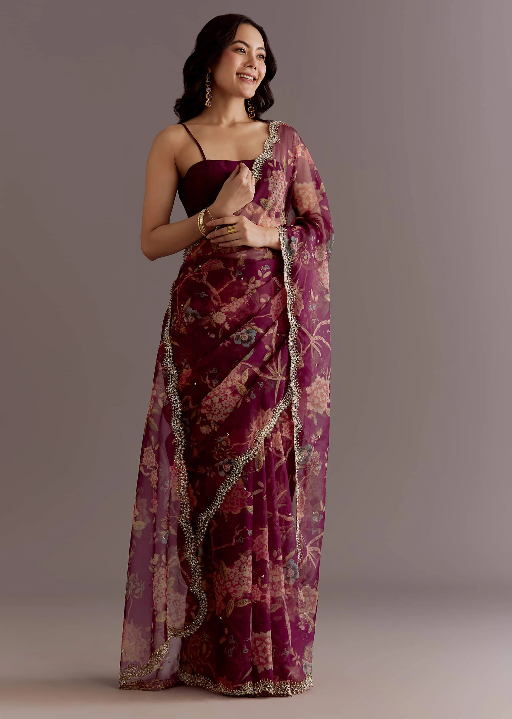 Wine Organza Saree With Floral Print And Hand Embellished Border - Image 2