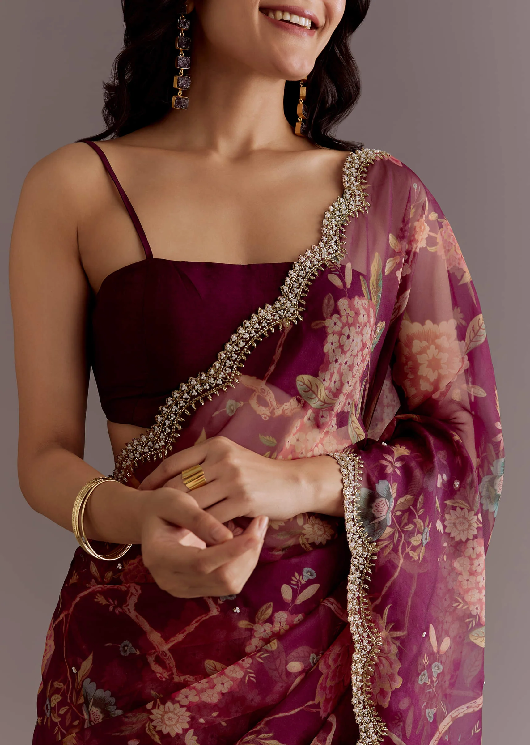 Wine Organza Saree With Floral Print And Hand Embellished Border - Image 3