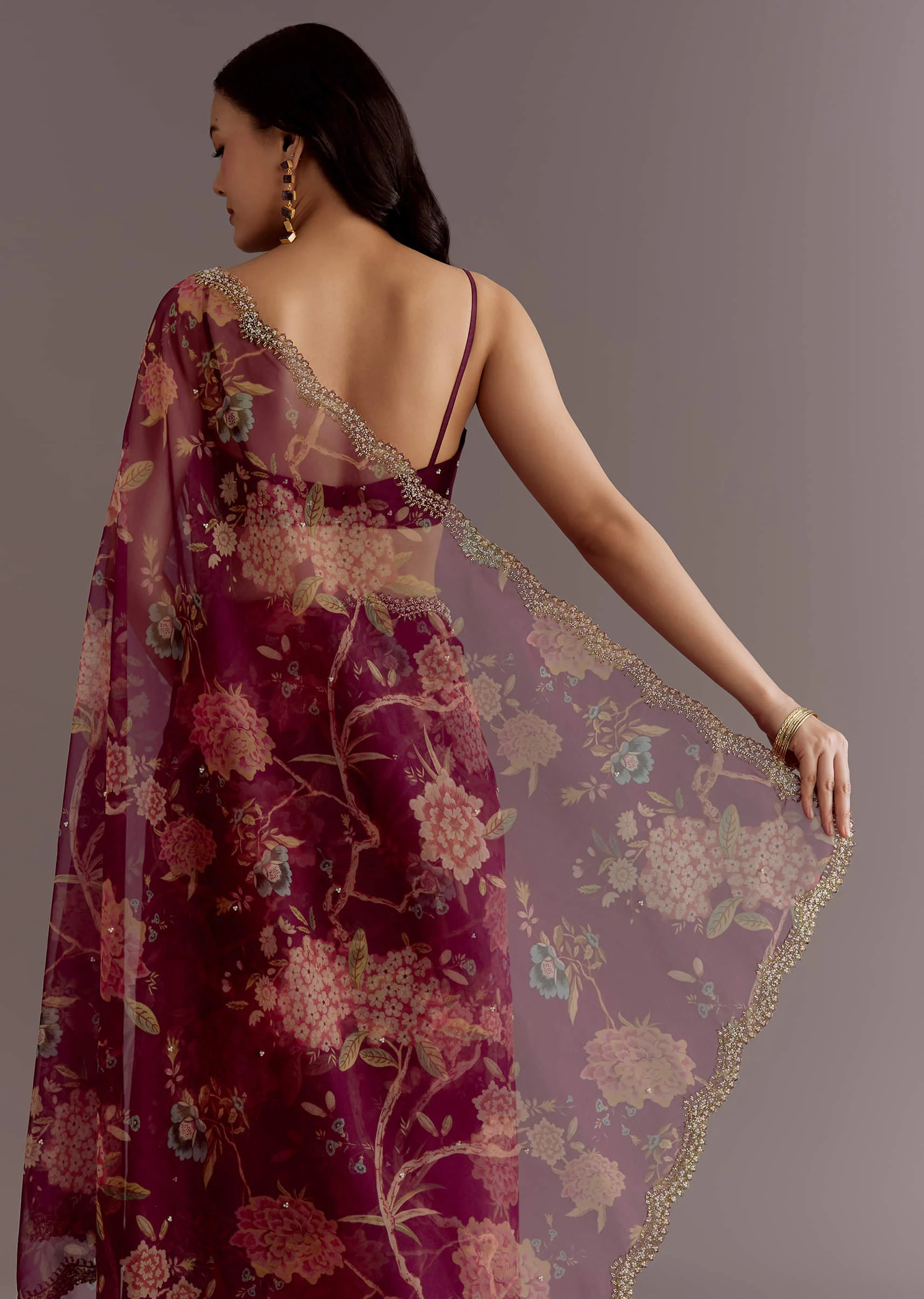 Wine Organza Saree With Floral Print And Hand Embellished Border - Image 4