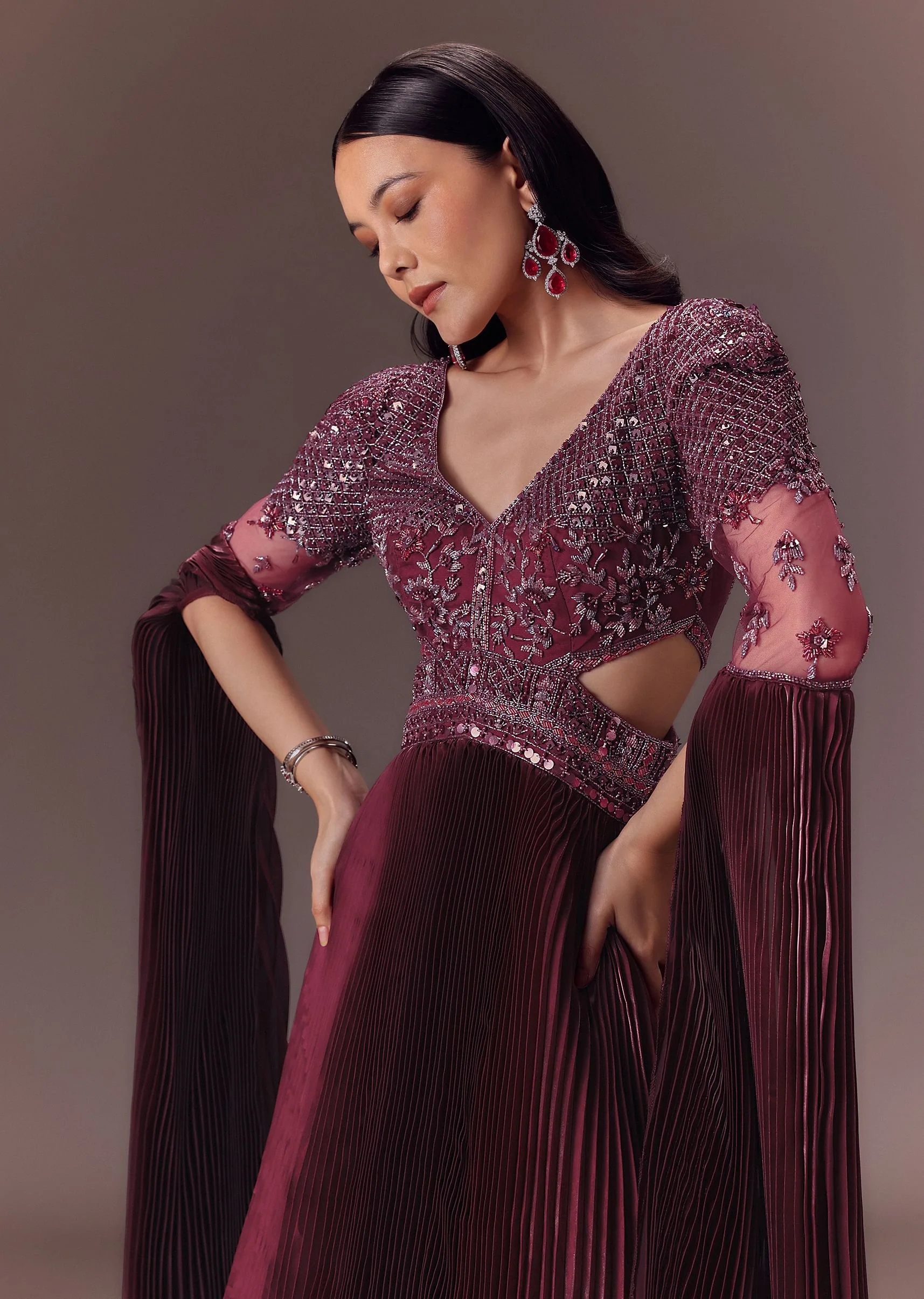 Wine Organze Flared Gown With 3D Draped Wings - Image 2