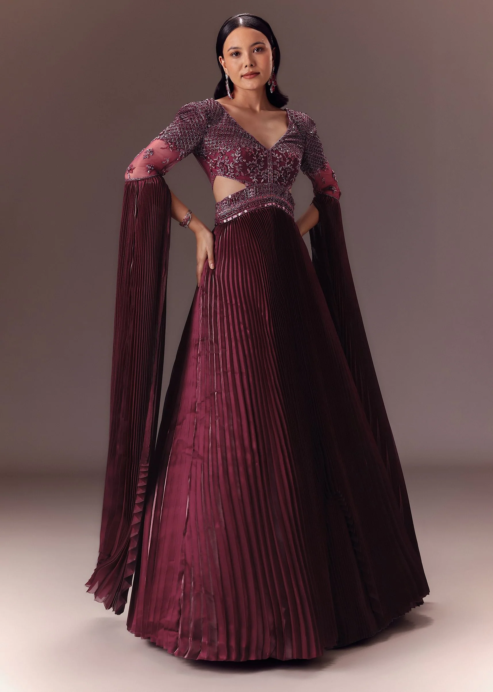 Wine Organze Flared Gown With 3D Draped Wings - Image 3