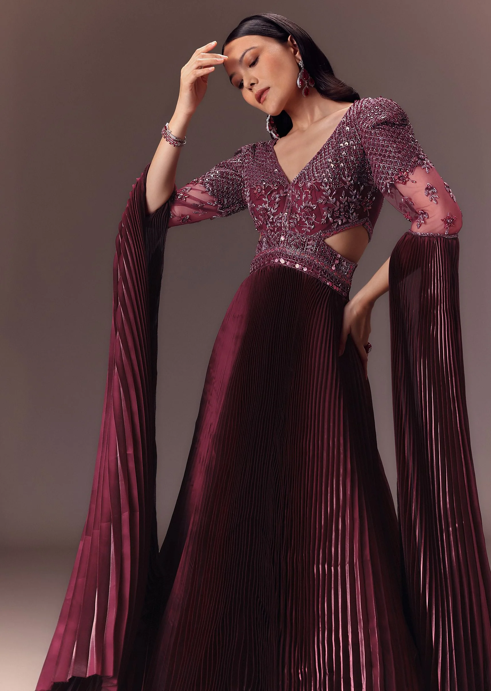 Wine Organze Flared Gown With 3D Draped Wings - Image 5