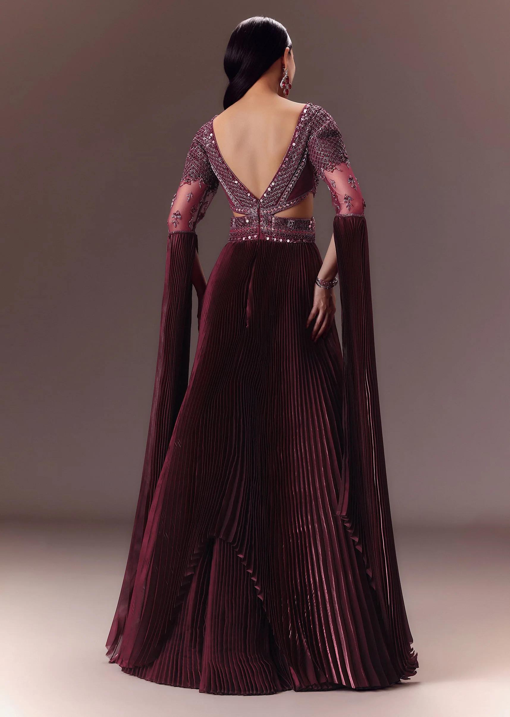 Wine Organze Flared Gown With 3D Draped Wings - Image 6